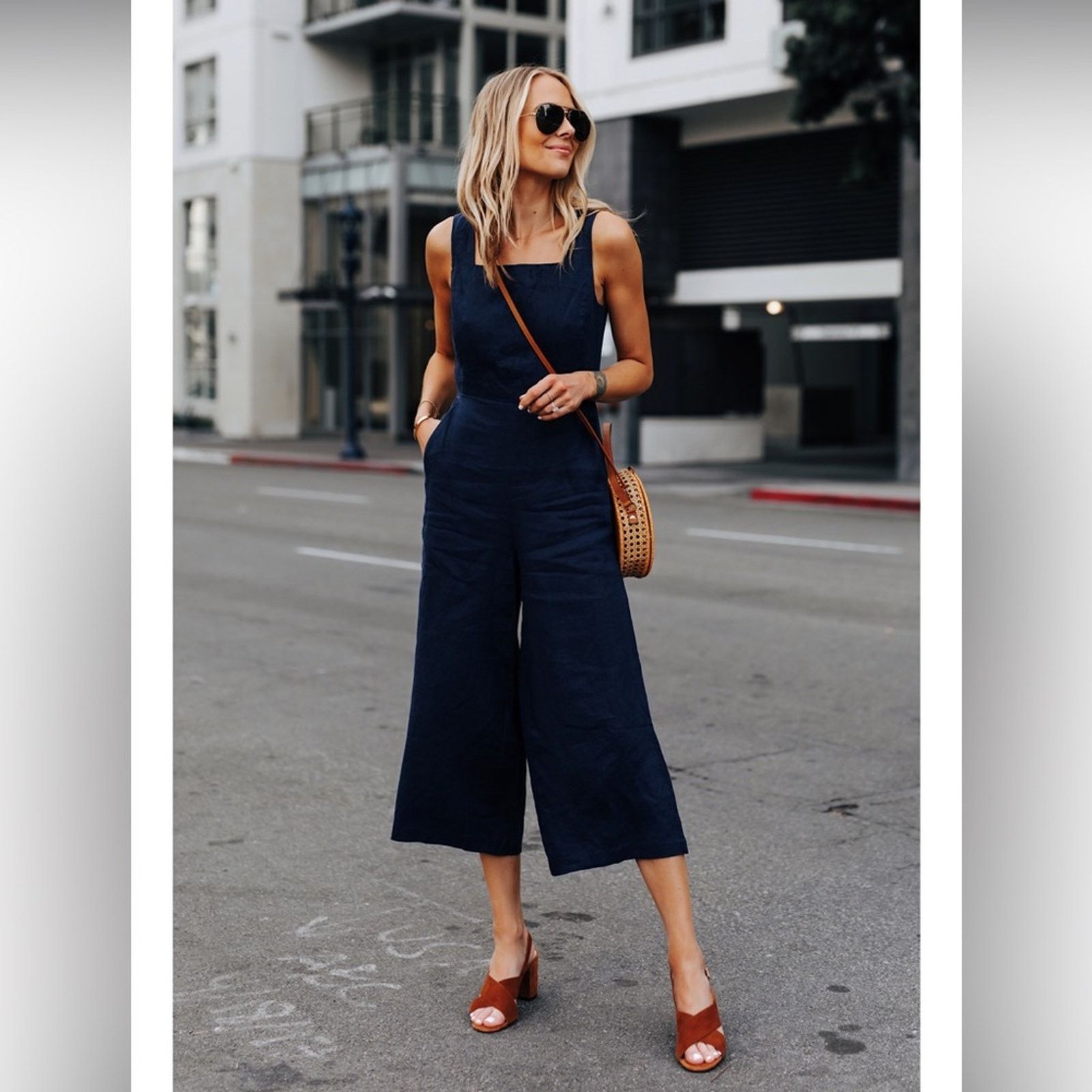 Other PURE NAVY Cropped Tie-Back Linen Jumpsuit Blue L Size 34" / US 12 / IT 48 - 6 Thumbnail