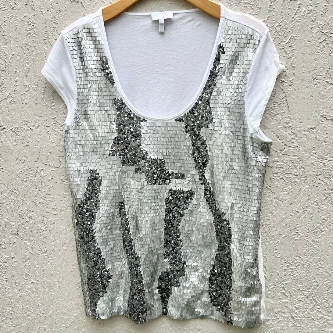 image of Escada Sport Cap Sleeve Embellished Sequin Scoop Neck Blouse in Grey, Women's (Size Large)
