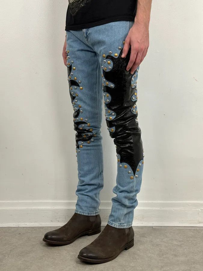 Moschino 1990s Moschino Blue Denim & Black Leather Jeans Size US 39 - 3 Thumbnail