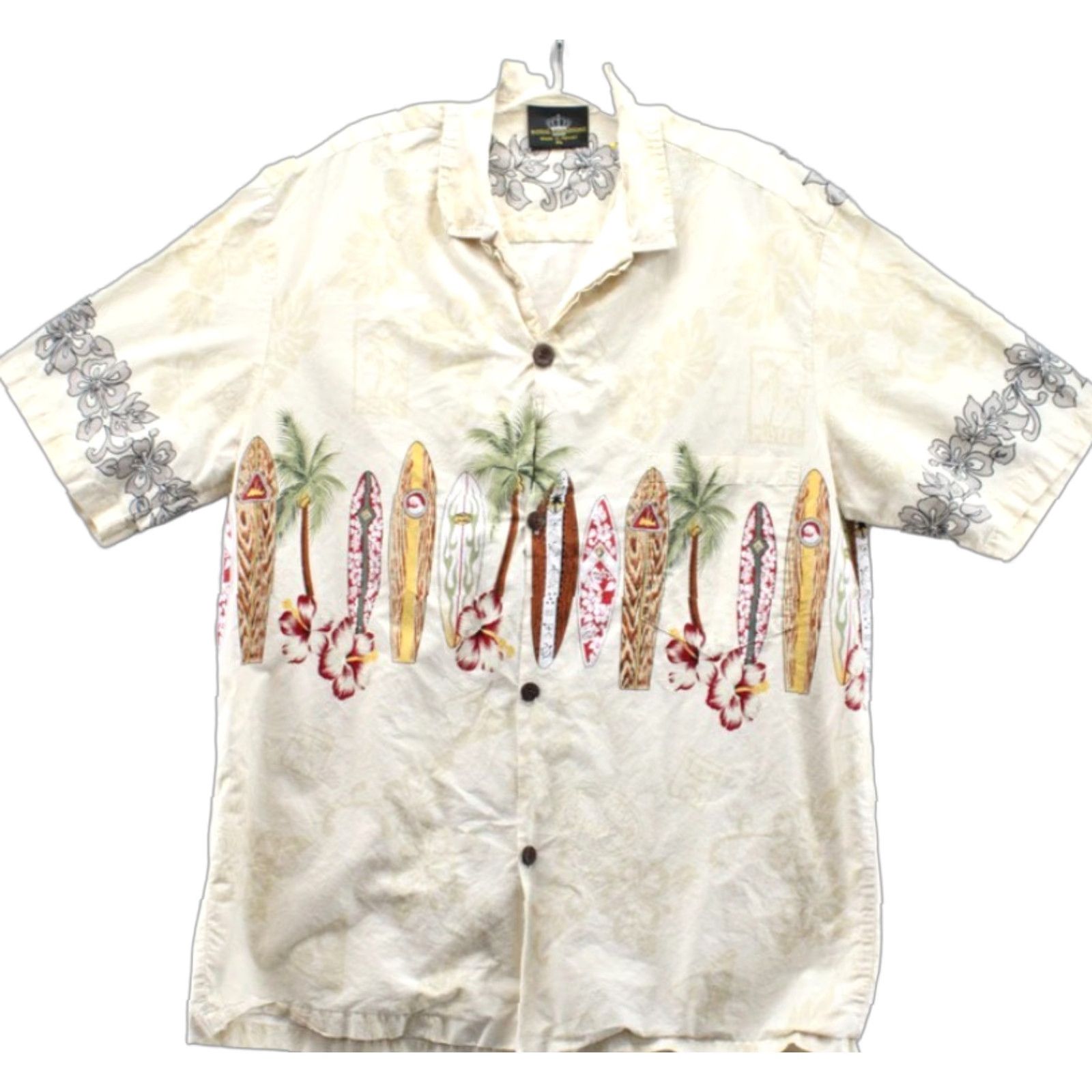 Vintage VINTAGE Royal Creations Hawaiian Shirt Men's XL Beige Surfboards Tribal Floral Luau Size US XL / EU 56 / 4 - 1 Thumbnail