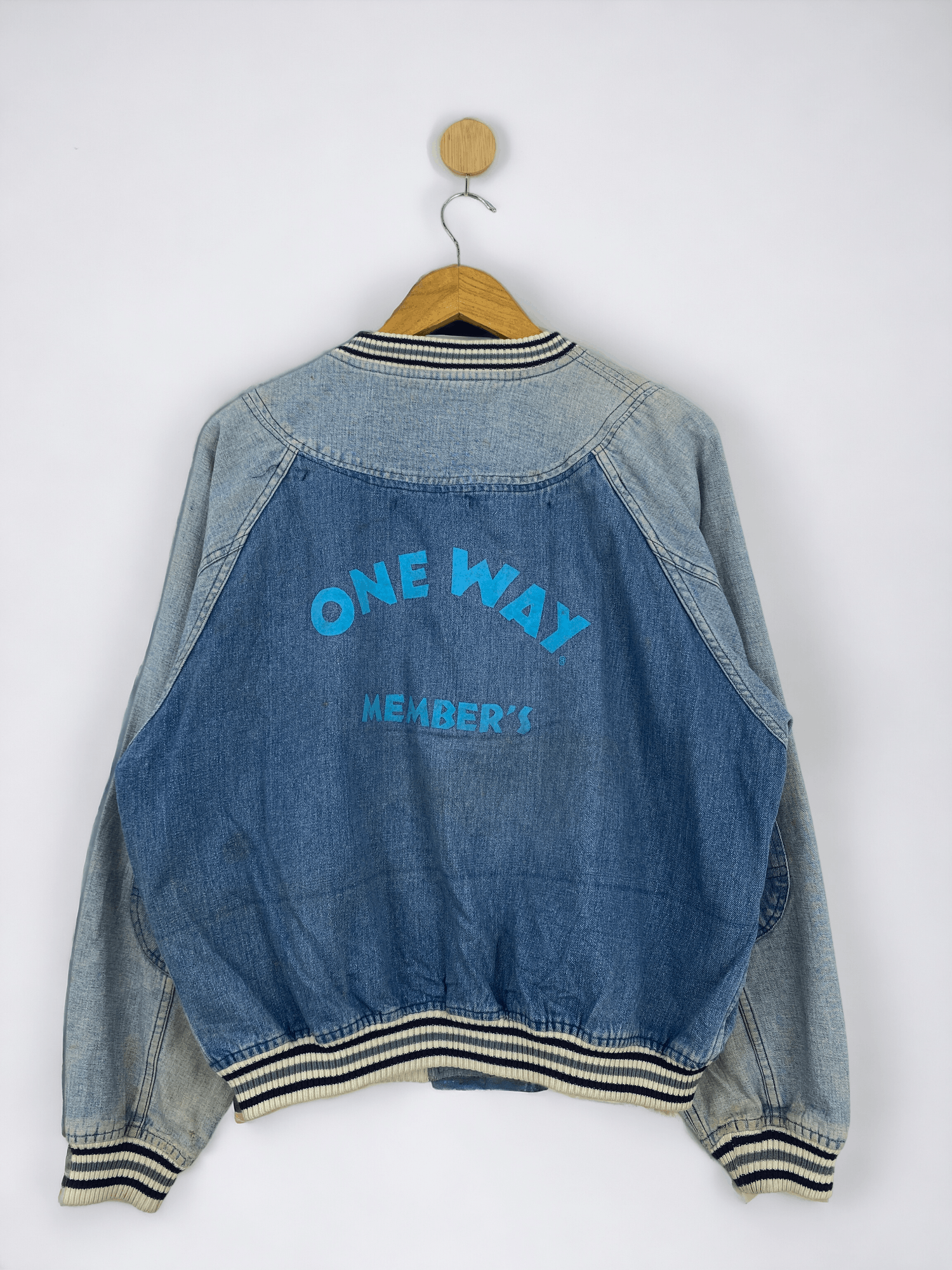 Japanese Brand Vintage 90s One Way Varsity Bomber Denim Jacket VA0005 Size US XL / EU 56 / 4 - 1 Thumbnail