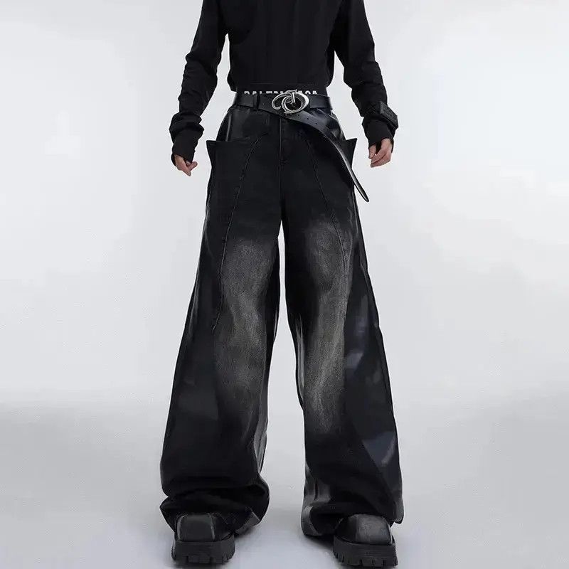 Japanese Brand Black Streetwear PU Leather Spliced Jeans Size US 32 / EU 48 - 1 Thumbnail