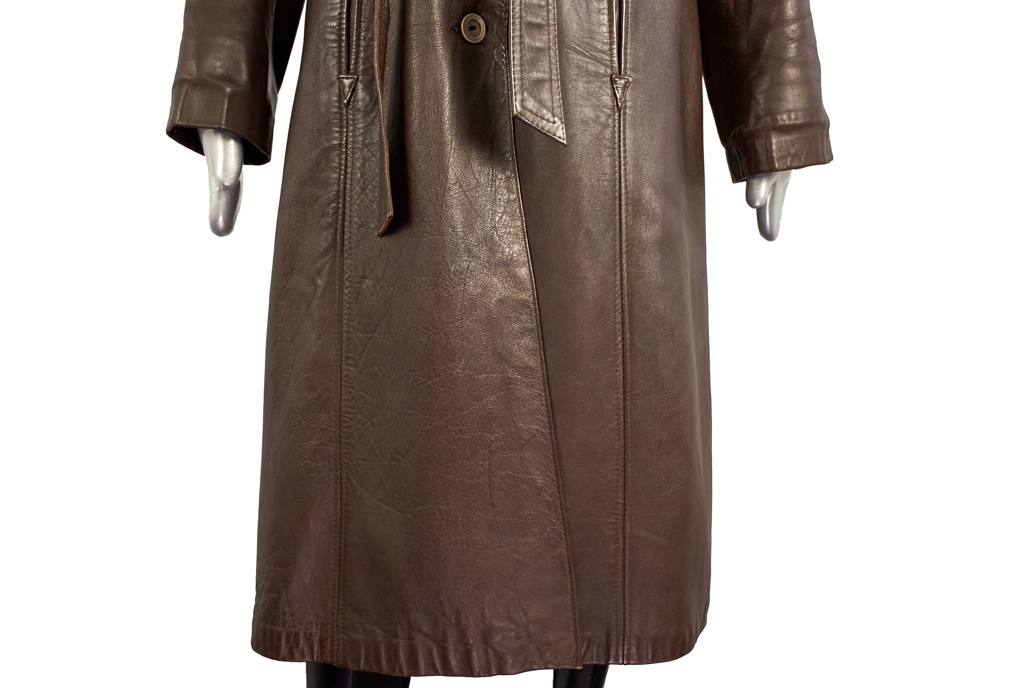 C&A Vintage 90s Brown Belted Leather Coat Trench Made in England Size M / US 6-8 / IT 42-44 - 10 Thumbnail