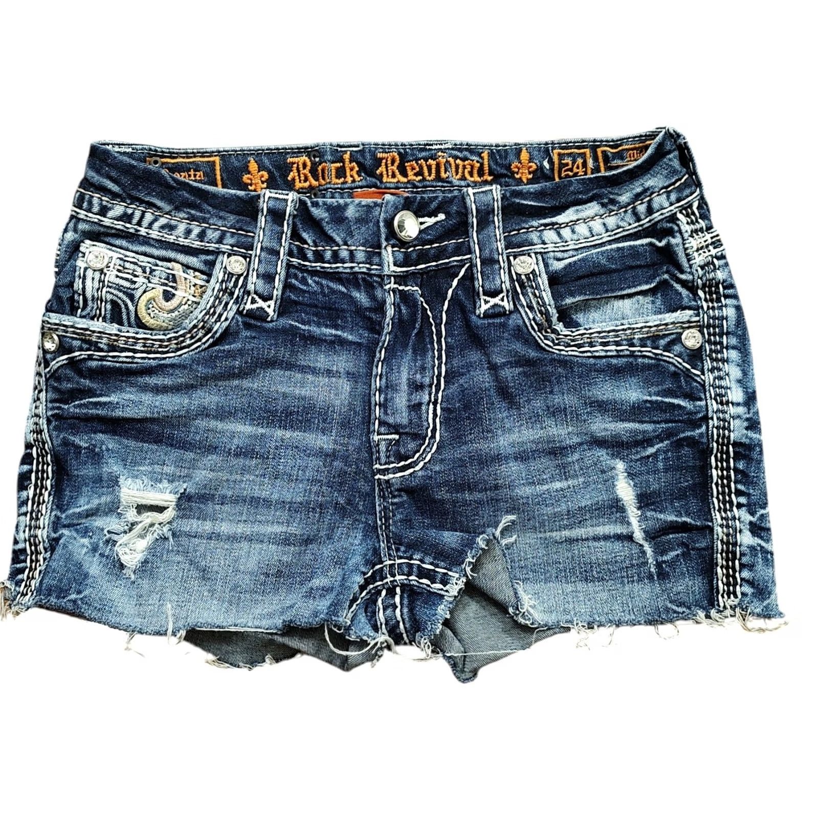 Vintage Rock Revival Agata Denim Cut Off Shorts Womens 24 1.5" Inseam Blue Cotton Blend Denim 5-Pocket Regular Rise Rock Designer American Shorts Ladies Size 42" / US 20 - 2 Thumbnail