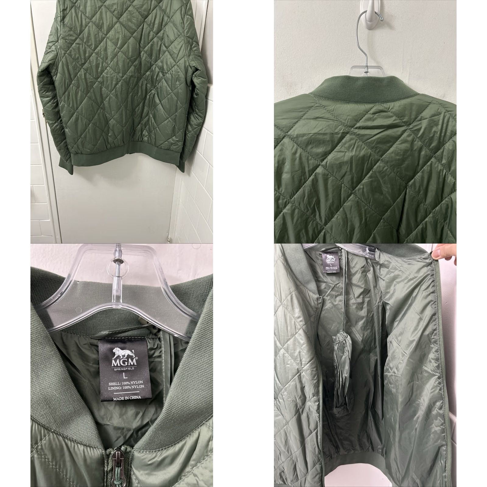 Springfield MGM Springfield Bomber Jacket Mens L Green Full Zip Nylon Puffer L/S Quilted Logo Embroidered Zipper Pocket Size US L / EU 52-54 / 3 - 8 Thumbnail