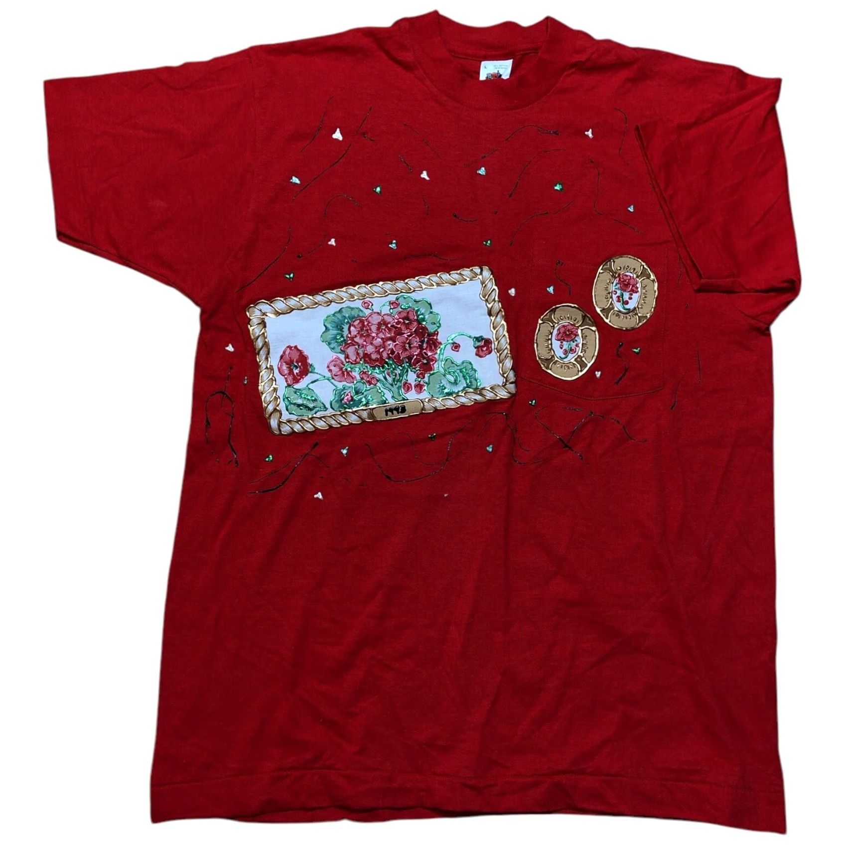 Fruit Of The Loom VINTAGE Fruit of the Loom T-Shirt Floral Rose Hand-Painted 1993 90s Red Medium Unisex Adults Mens Womens Short Sleeve Crew Neck Cotton Blend Size US M / EU 48-50 / 2 - 2 Thumbnail