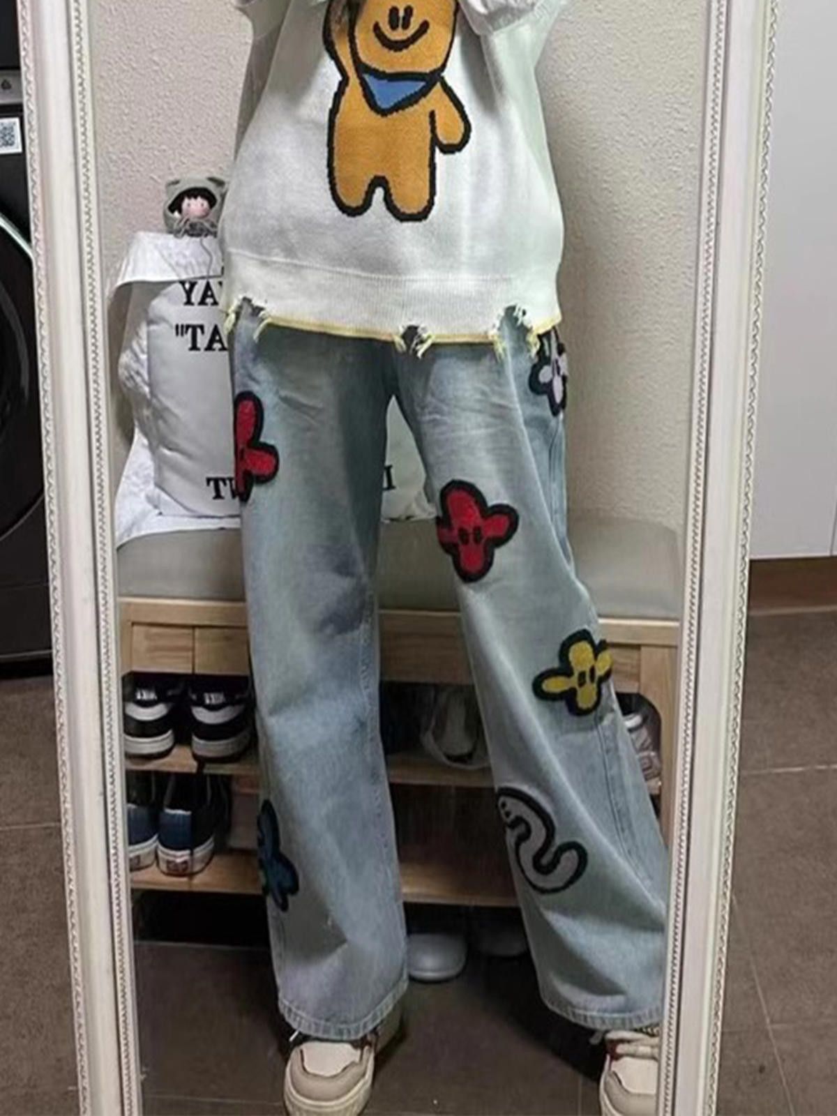 Jean × Vintage Graphic Denim Jeans with Floral and Animal Embroidery Size US 32 / EU 48 - 4 Thumbnail
