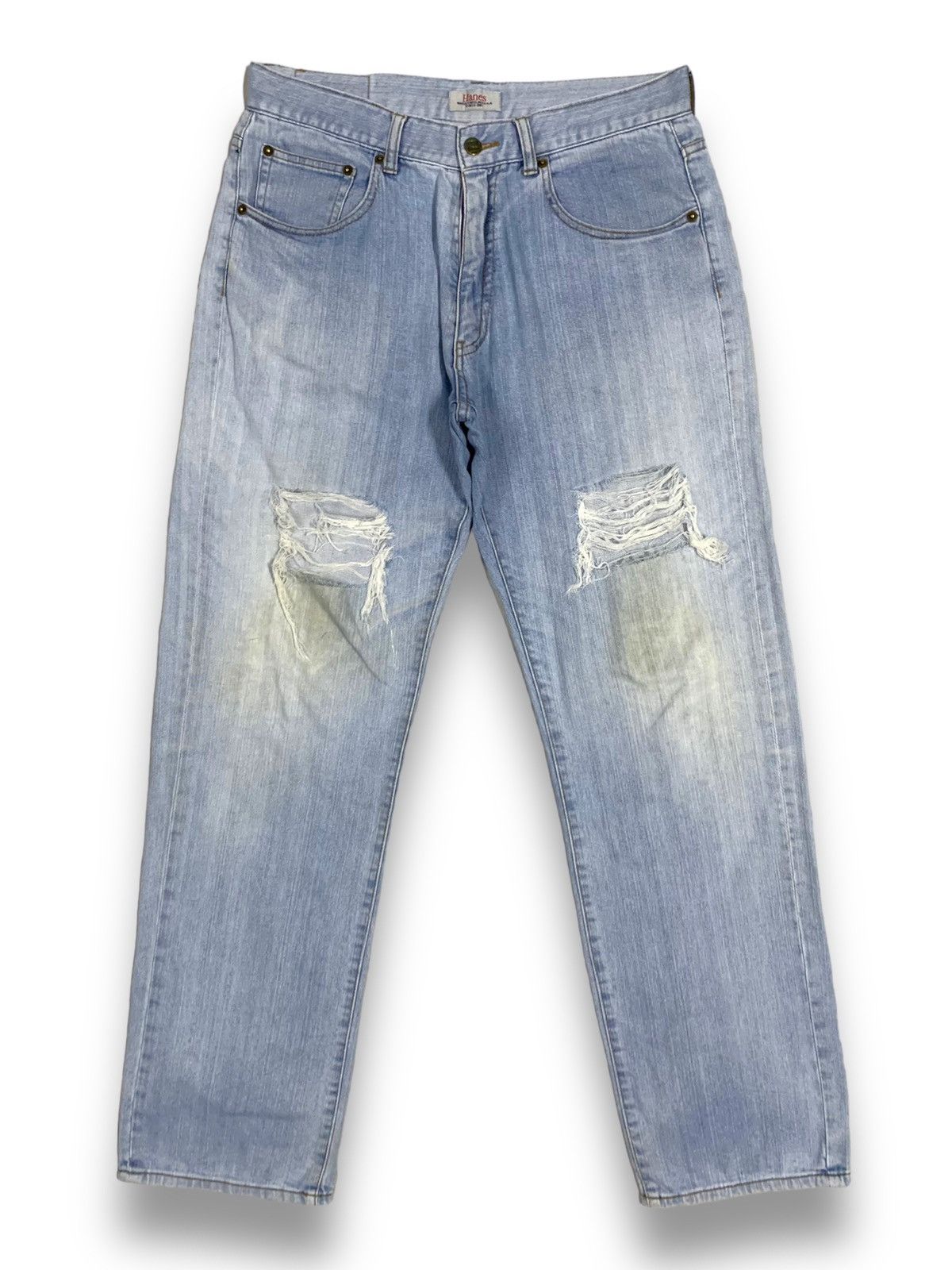 image of Vintage 80's Hanes North Carolina Baggy Distressed Jeans in Light Blue Wash, Men's (Size 33)