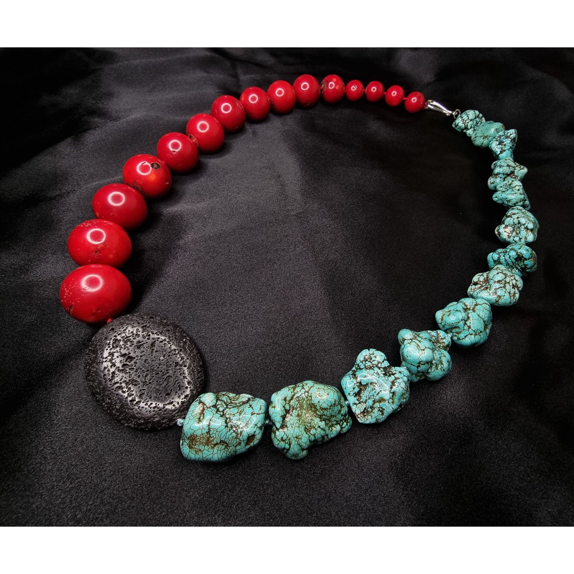 Vintage Large Genuine Coral & Turquoise Beaded Necklace With Black L Size ONE SIZE - 4 Thumbnail
