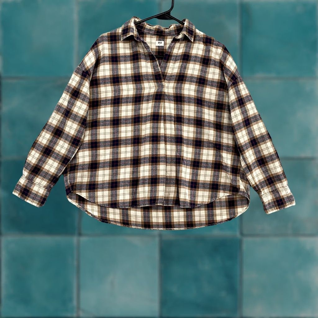 Uniqlo VINTAGE Uniqlo Popover Top Brown Plaid Cropped Cotton Womens Medium Shirt Size M / US 6-8 / IT 42-44 - 1 Thumbnail