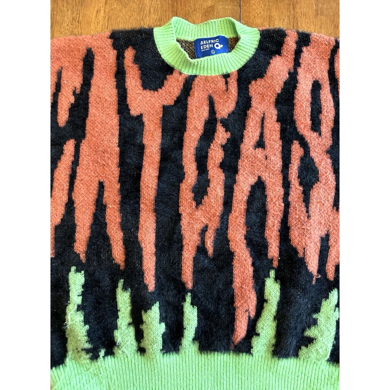 Vintage Aelfric Eden Knit Sweater Large Spooky Cat Case Zephyr Orange Green Unisex Adults Size L / US 10 / IT 46 - 4 Thumbnail
