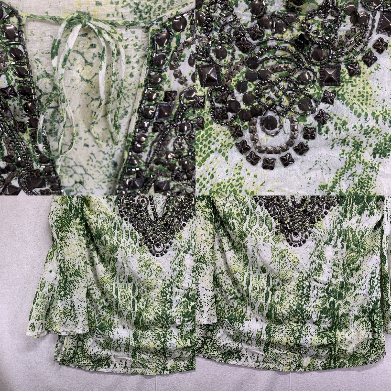 Vintage KYRA Women Tunic Blouse Medium White Green Snakeskin Animal Print Metal Embellishments Bell Sleeve Casual Party Size M / US 6-8 / IT 42-44 - 8 Thumbnail