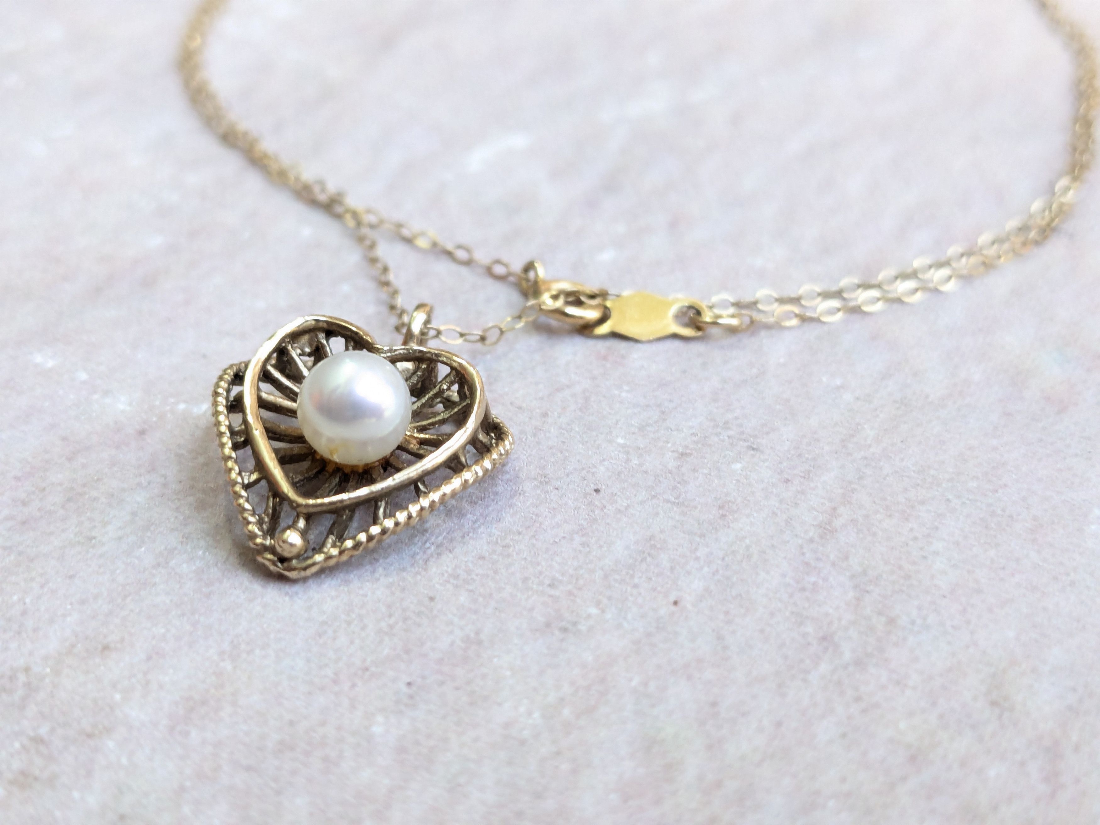 Jewelry Vintage 10k Gold Necklace Heart Pearl 17" Size ONE SIZE - 6 Thumbnail