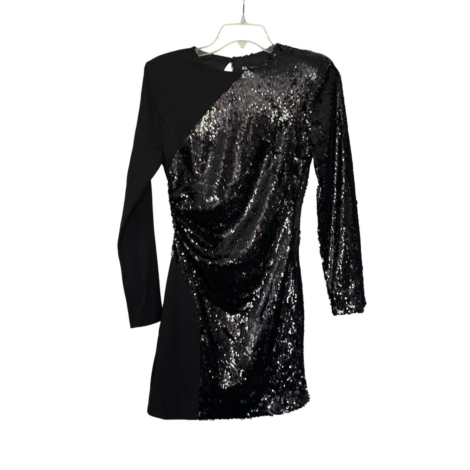 Zara Zara Black Sequin Contrast Mini Dress Long Sleeve Ruched Size XS / US 0-2 / IT 36-38 - 1 Thumbnail