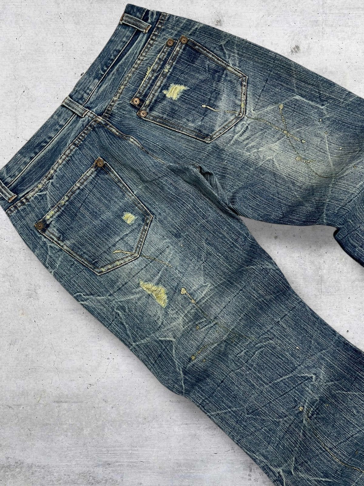 If Six Was Nine VINTAGE DISTRESSED GOLD MUD WASH FLARED NYLAUS JAPAN DENIM Size US 31 - 14 Thumbnail
