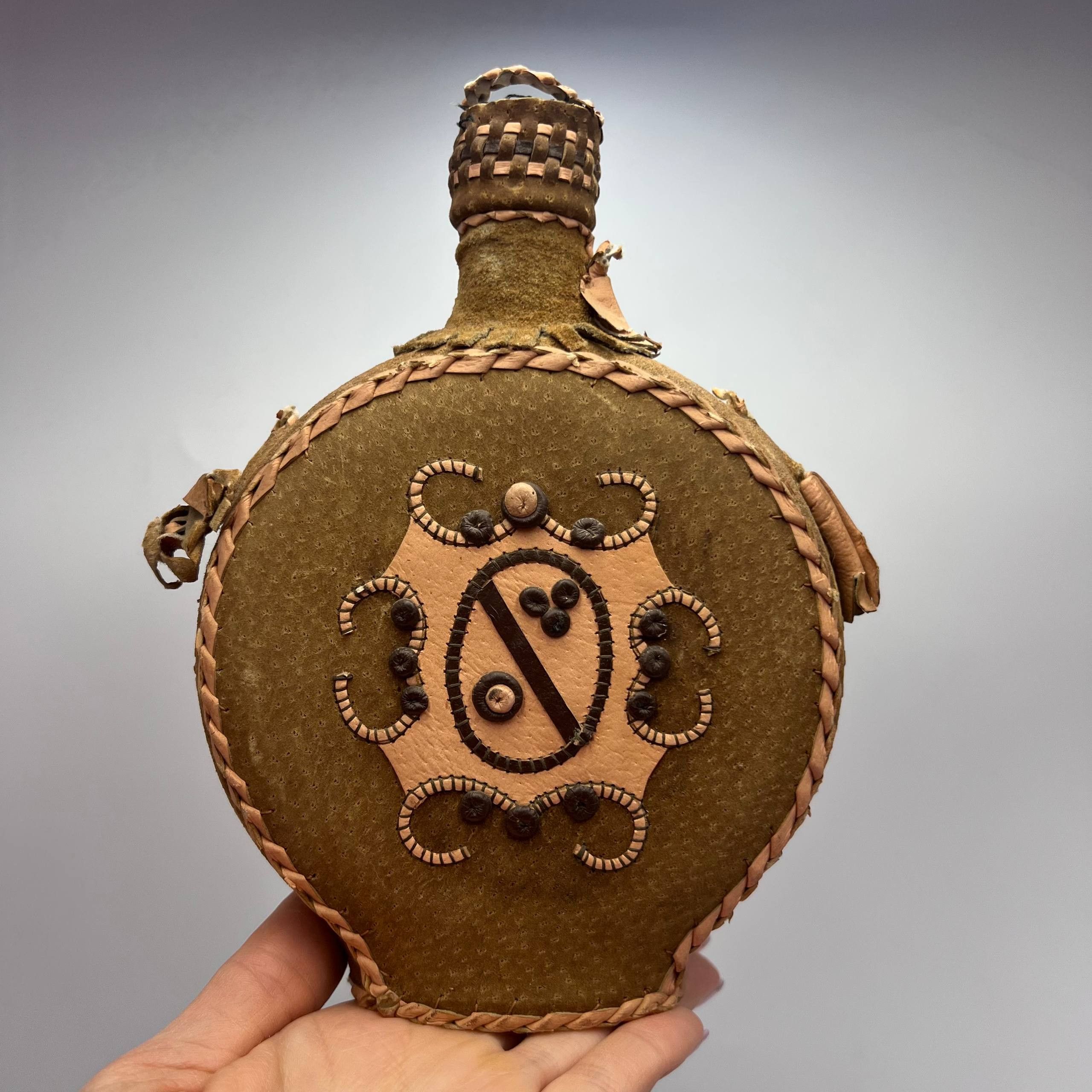 Vintage Handmade Leather Wrapped Glass Bottle 43 cm Vintage Folk Art Size ONE SIZE - 6 Thumbnail