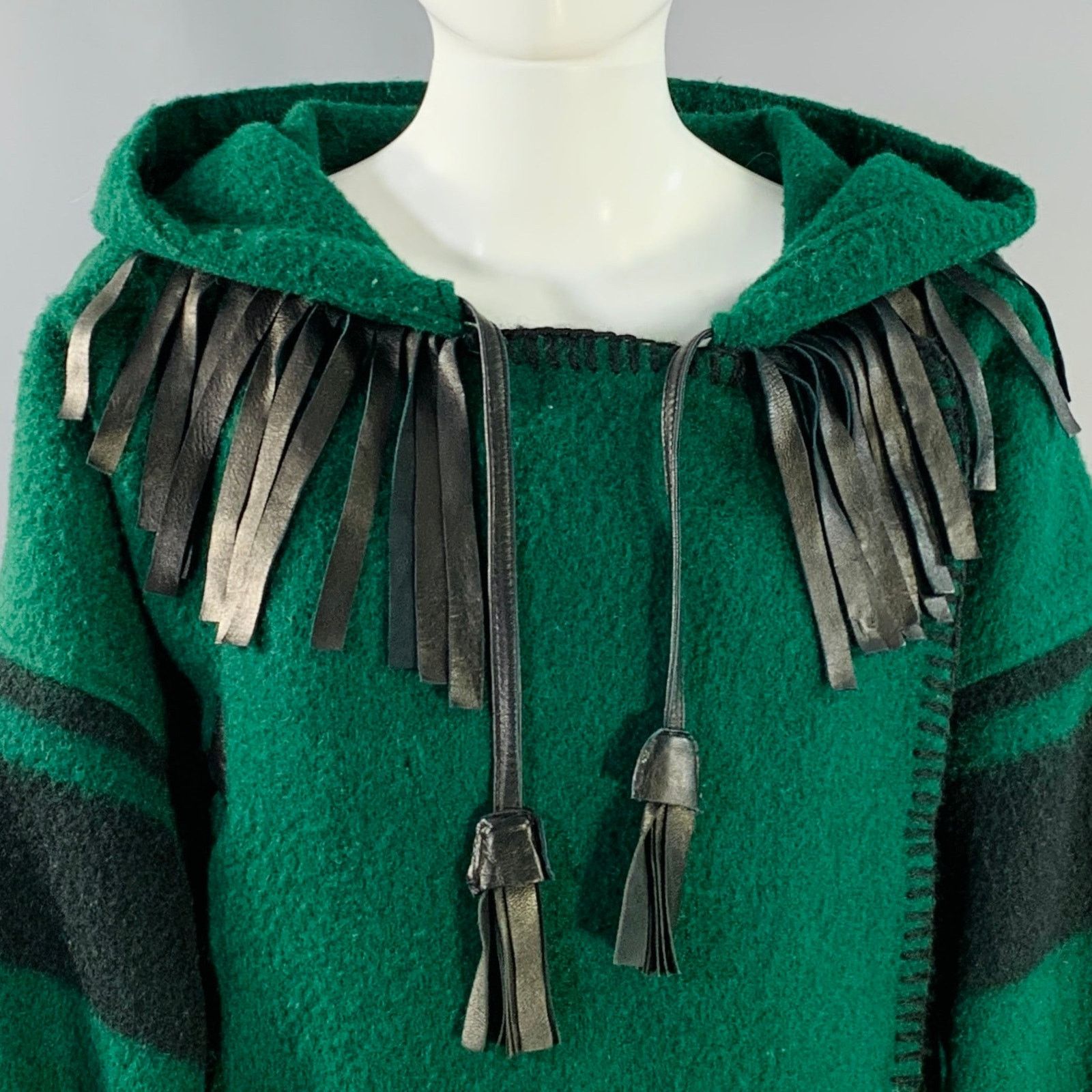 Jean Charles De Castelbajac Size 2 Green Black Wool Leather Fringe Hooded Coat Size XS / US 0-2 / IT 36-38 - 2 Thumbnail
