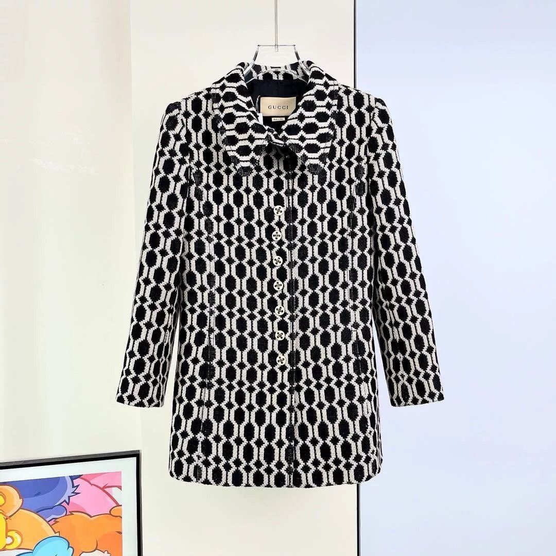 Gucci Black White Geometric Wool Coat
