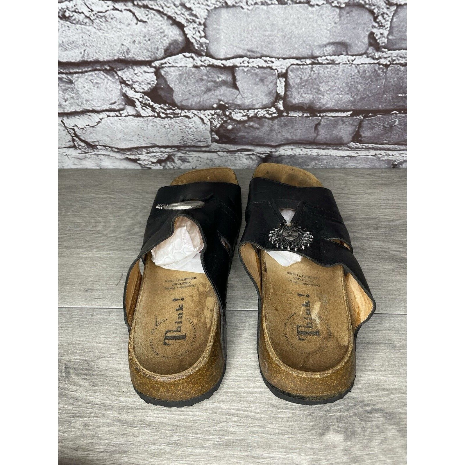 Other Think! Black Leather Cork Sun Moon Silver Wedge Sandals Wome Size US 6.5 / IT 36.5 - 6 Thumbnail