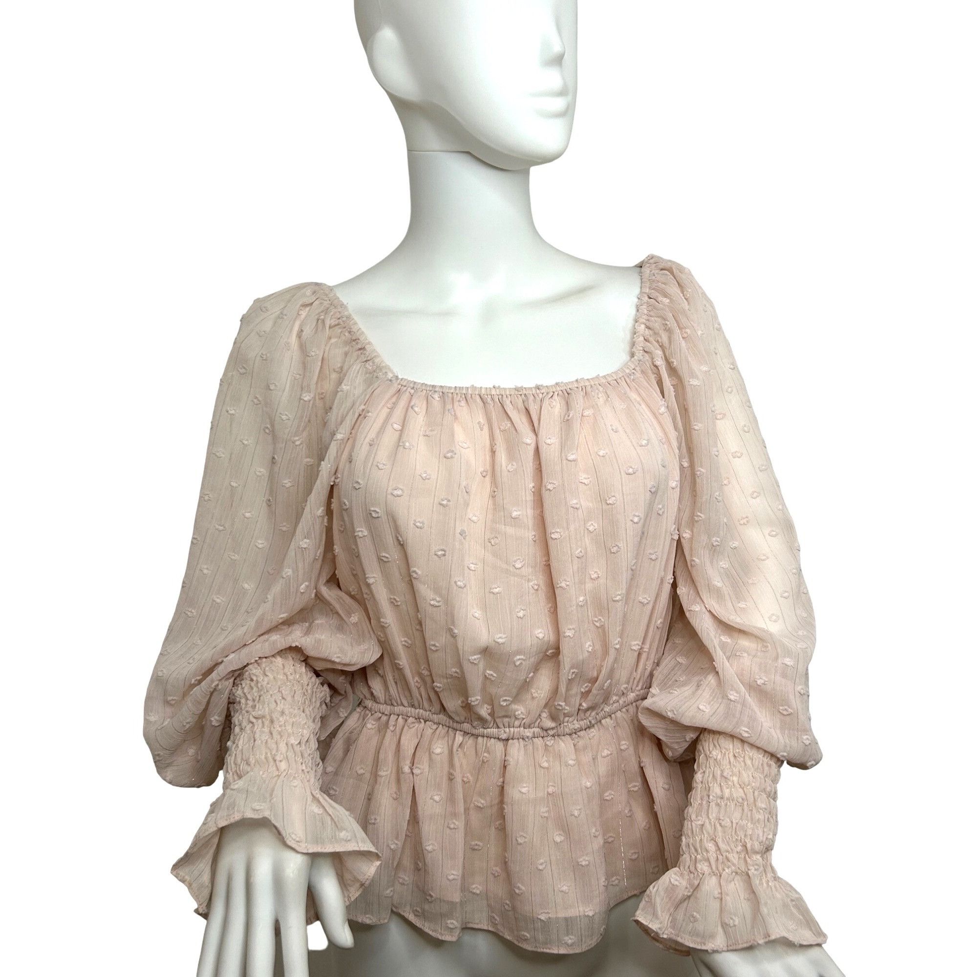 Other DO + BE Blouse Pink S Texture Balloon Sleeve Smocked Ruffle Size S / US 4 / IT 40 - 1 Thumbnail