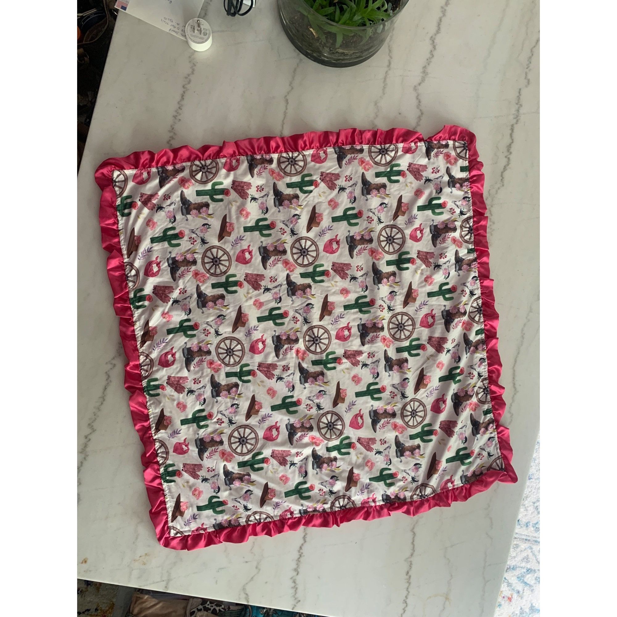 Other Western-Themed Baby Blanket With Pink Ruffle Edges & Minky B Size ONE SIZE - 1 Thumbnail