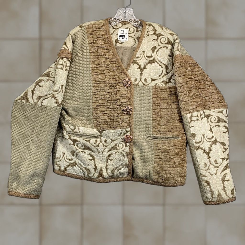 Vintage VINTAGE Max & Mabel Women's Beige Patchwork Rayon Jacket Size 1 Lined 80s 90s Size XS / US 0-2 / IT 36-38 - 1 Thumbnail