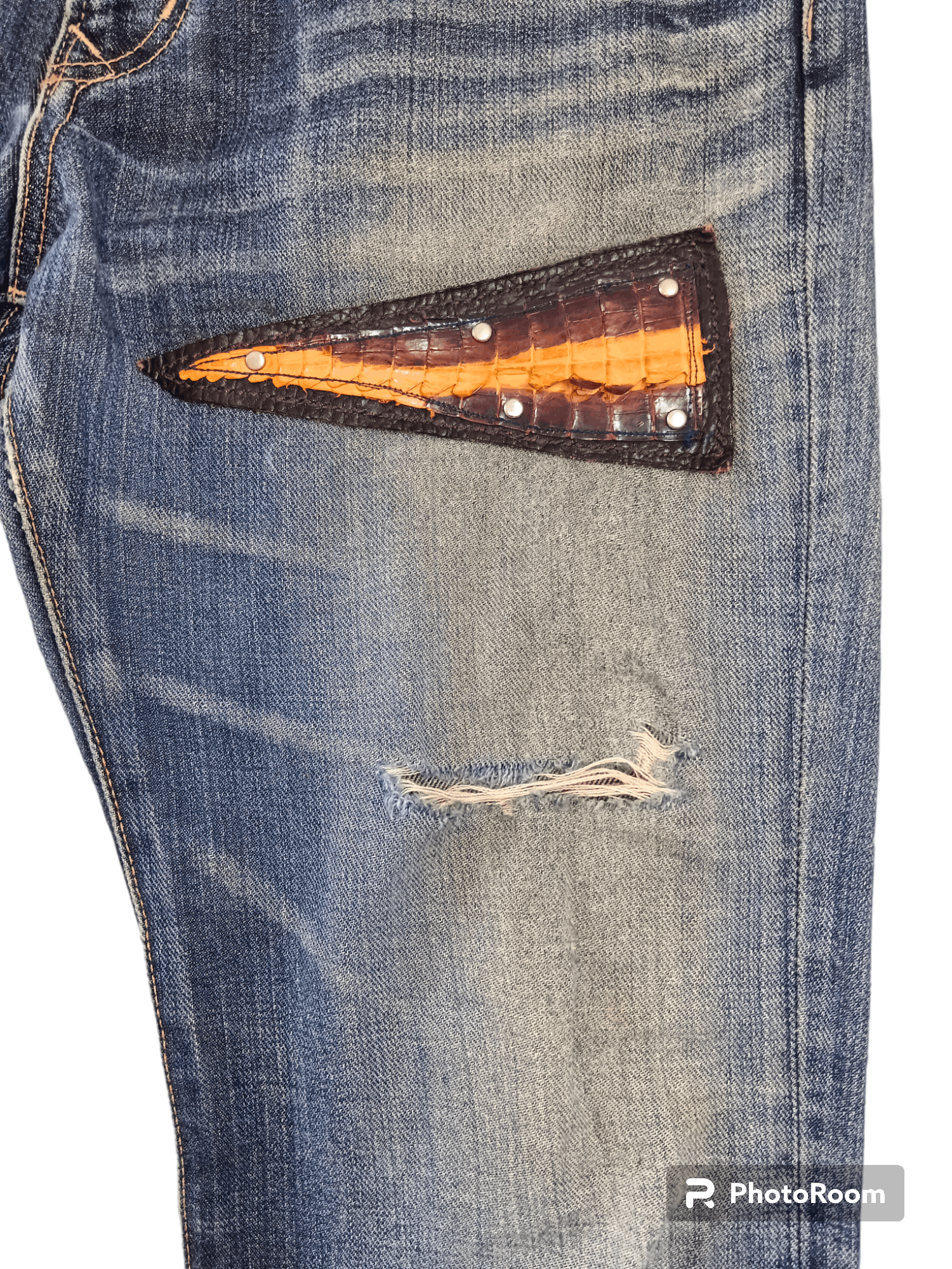 Edwin Crocodile Skin Leather Patchwork Distressed Flare Denim Size US 29 - 5 Thumbnail