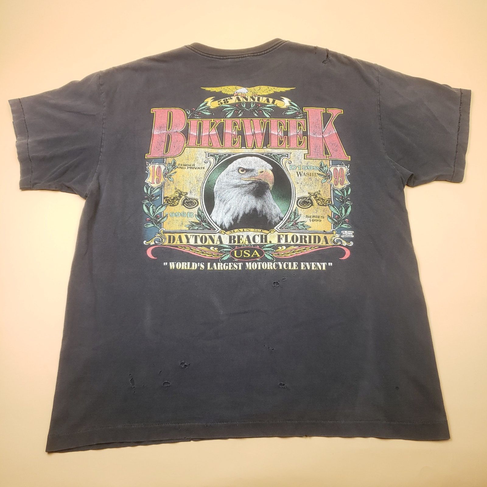 Vintage 1999 Bike Week Distressed T Shirt Bald Eagle Holes Nat Fade Size US XL / EU 56 / 4 - 1 Thumbnail