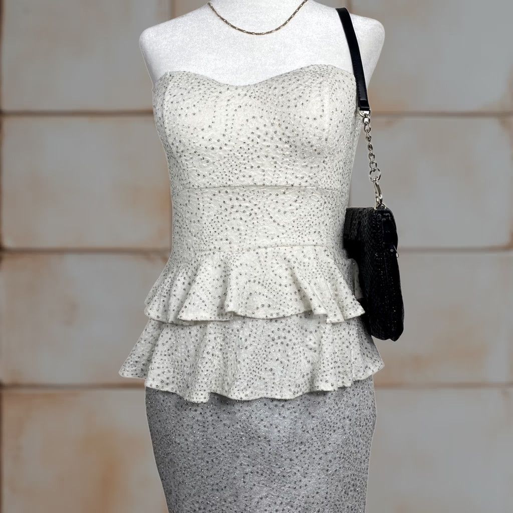 Vintage A'GACI Dress Women's Small White Silver Glitter Peplum Strapless Party Size S / US 4 / IT 40 - 1 Thumbnail