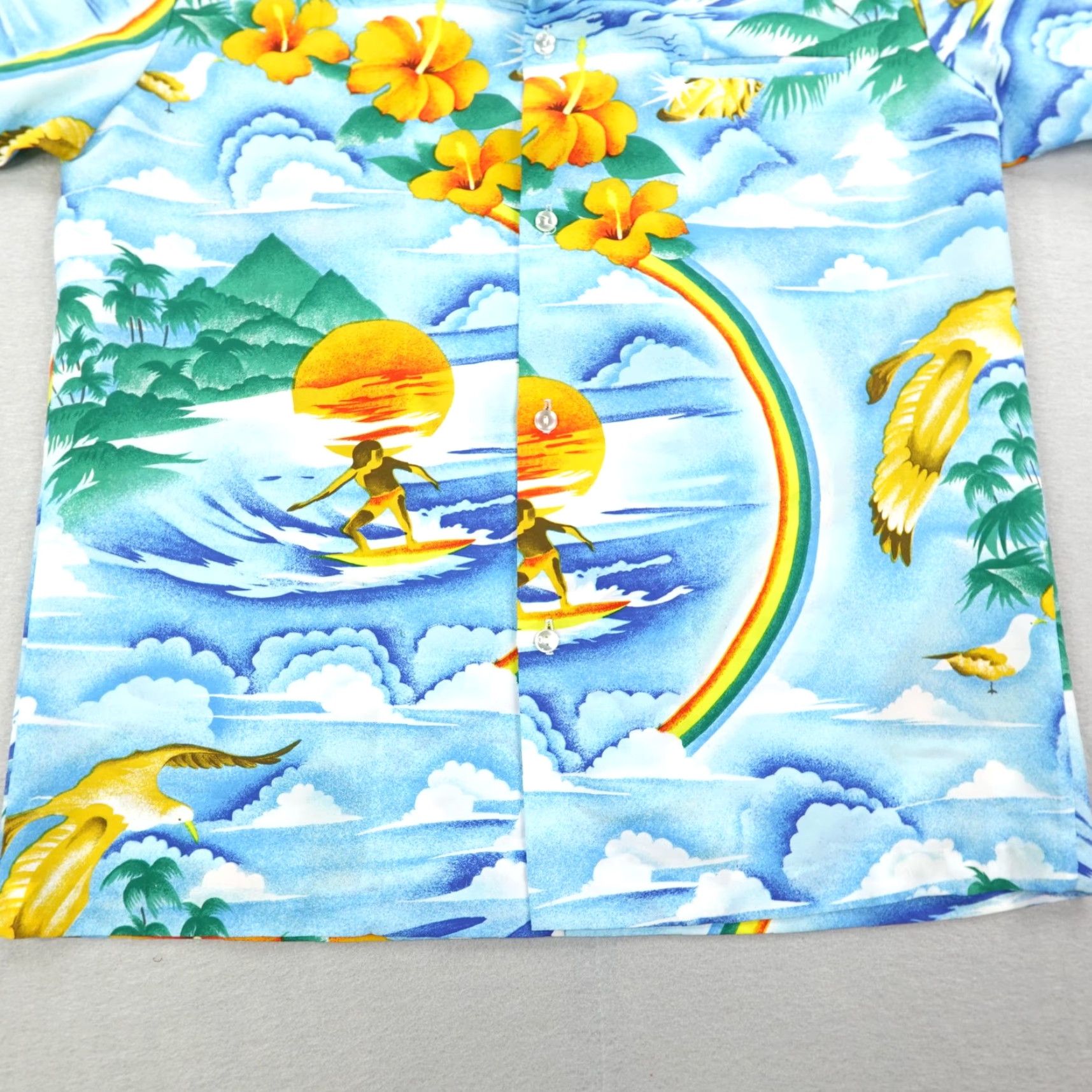 Vintage Maluna Hawaii Shirt Mens Medium Blue Floral Hawaiian Aloha Rainbows Camp