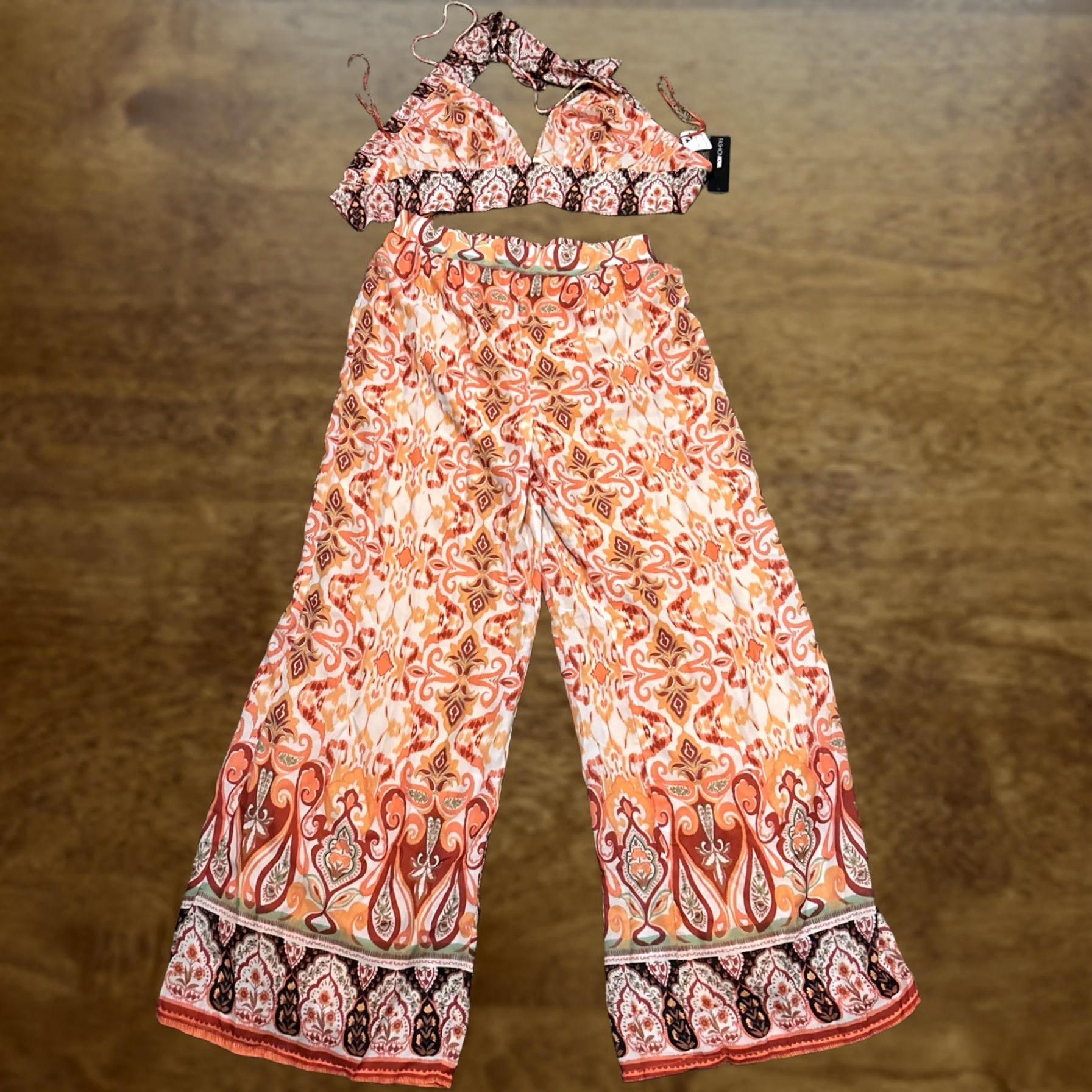 Fashion Nova Fashion Nova Beach Paradise Pant Set XL Orange Multicolor Polyester 2 Piece NWT Women Summer Casual Outfit/Set Women" Size 40" / US 18 - 1 Thumbnail