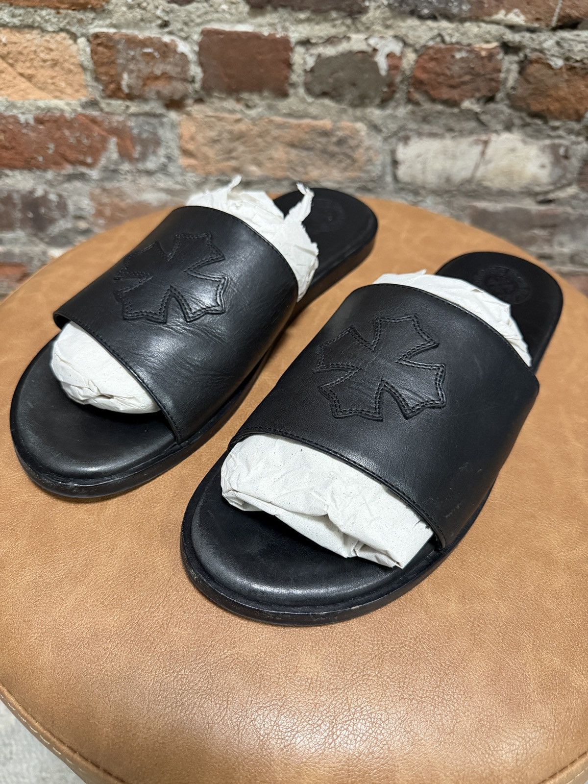 Chrome Hearts Chrome Hearts Leather Slides Black Size US 12 / EU 45 - 2 Thumbnail