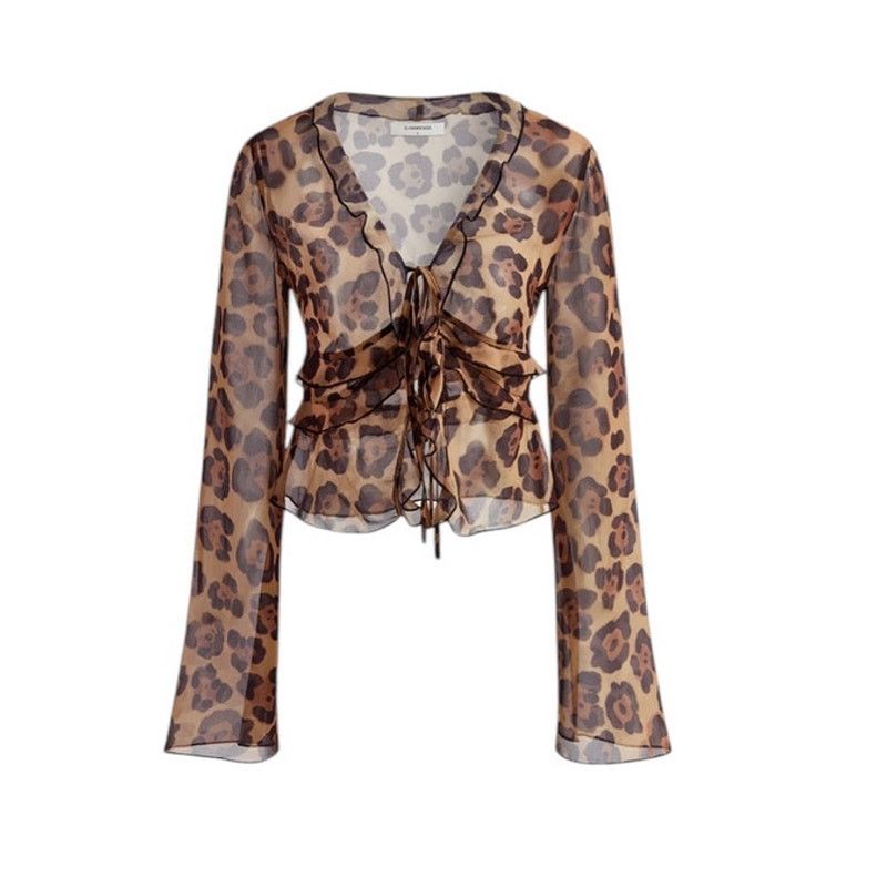 Other Commense Brown Leopard Print Semi-Sheer Ruffle V-Neck Blouse Size XL / US 12-14 / IT 48-50 - 5 Thumbnail