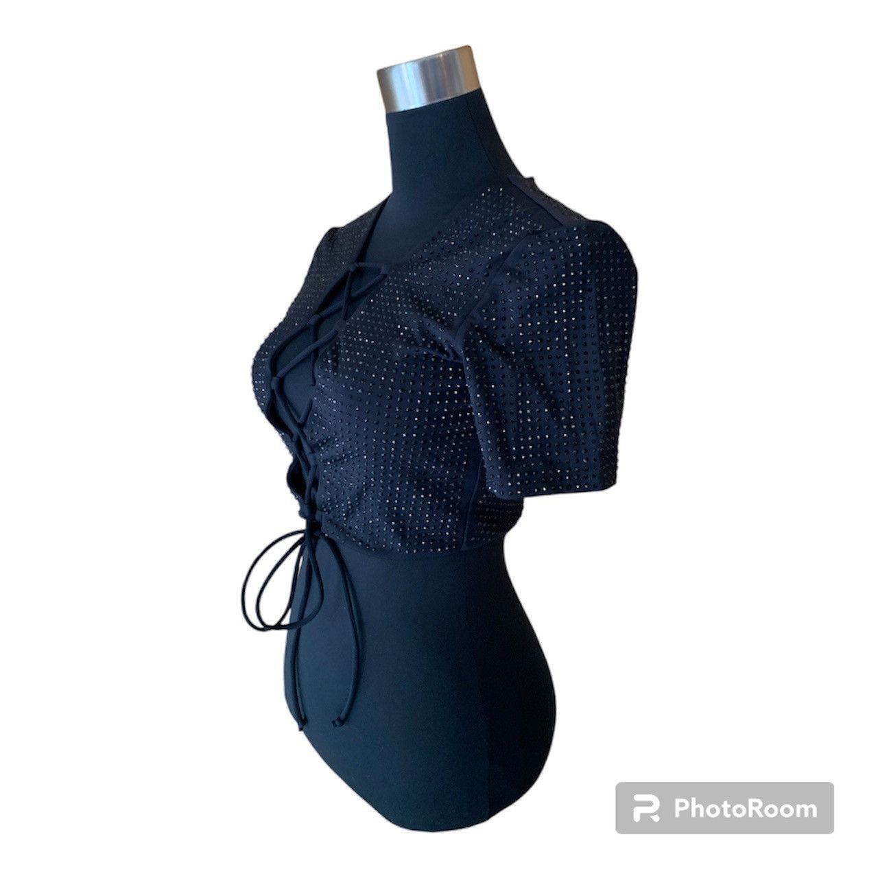 Vintage Y2K Hand Beaded Black Gemstone Crop Top with Ties Size M / US 6-8 / IT 42-44 - 2 Thumbnail