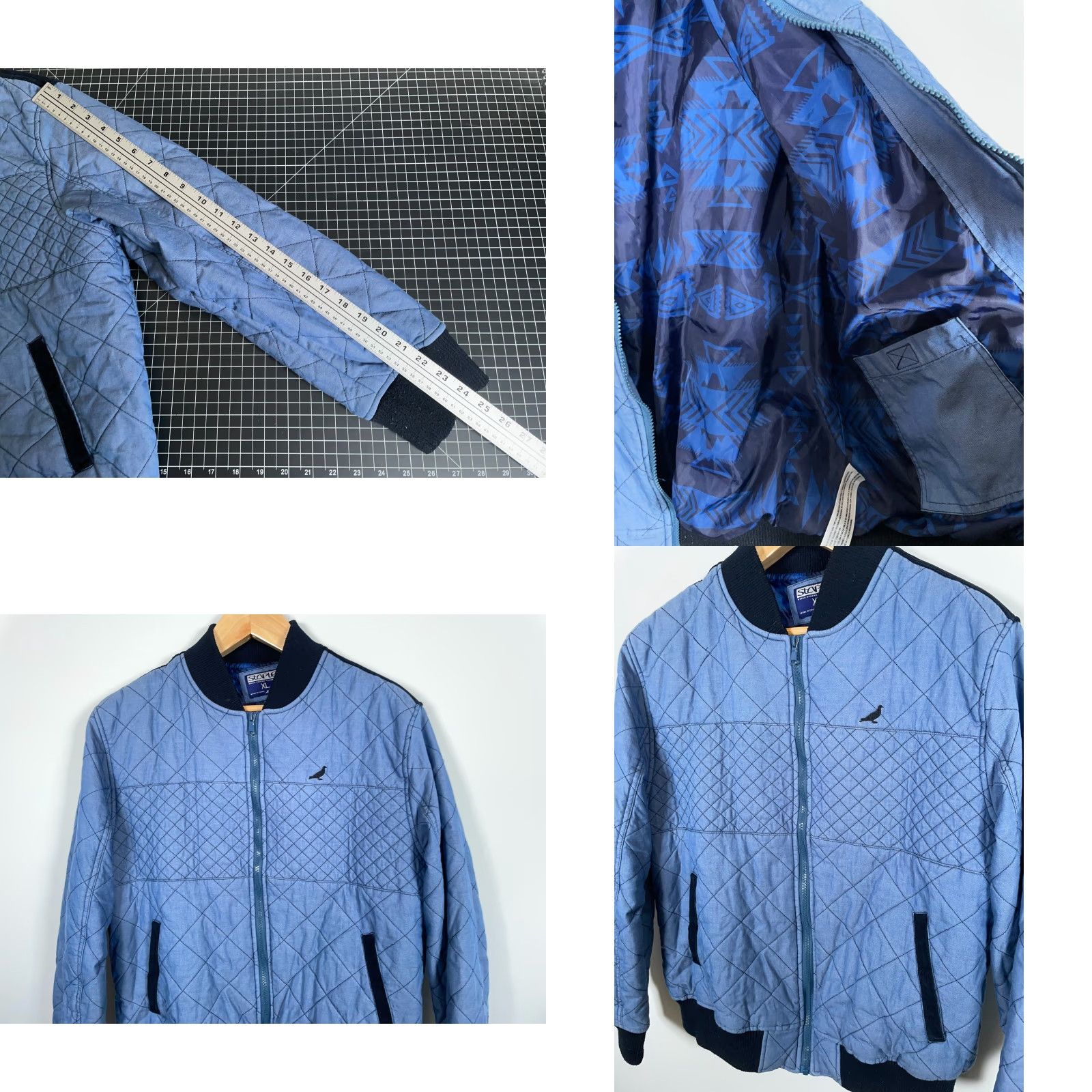 Vintage Pigeon Staple Quilted Bomber Jacket Men XL Blue Corduroy Trim Streetwear Size US XL / EU 56 / 4 - 8 Thumbnail