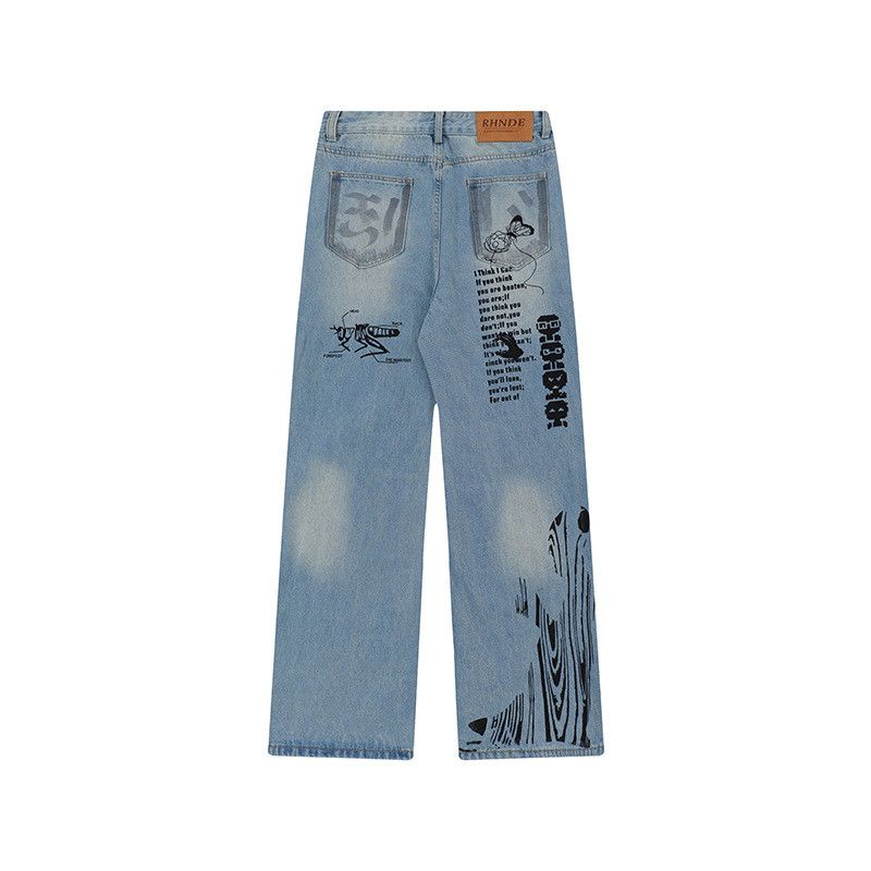Jean High street men's loose straight leg graffiti ripped jeans Size US 32 / EU 48 - 2 Thumbnail