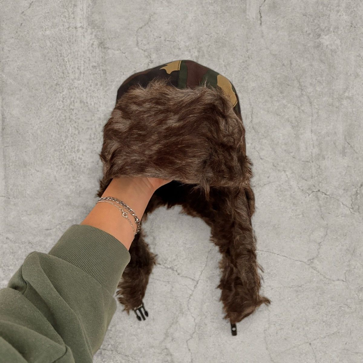 Japanese Brand Russian Ushanka fluffy winter hat in brown camo. One size Size ONE SIZE - 2 Thumbnail