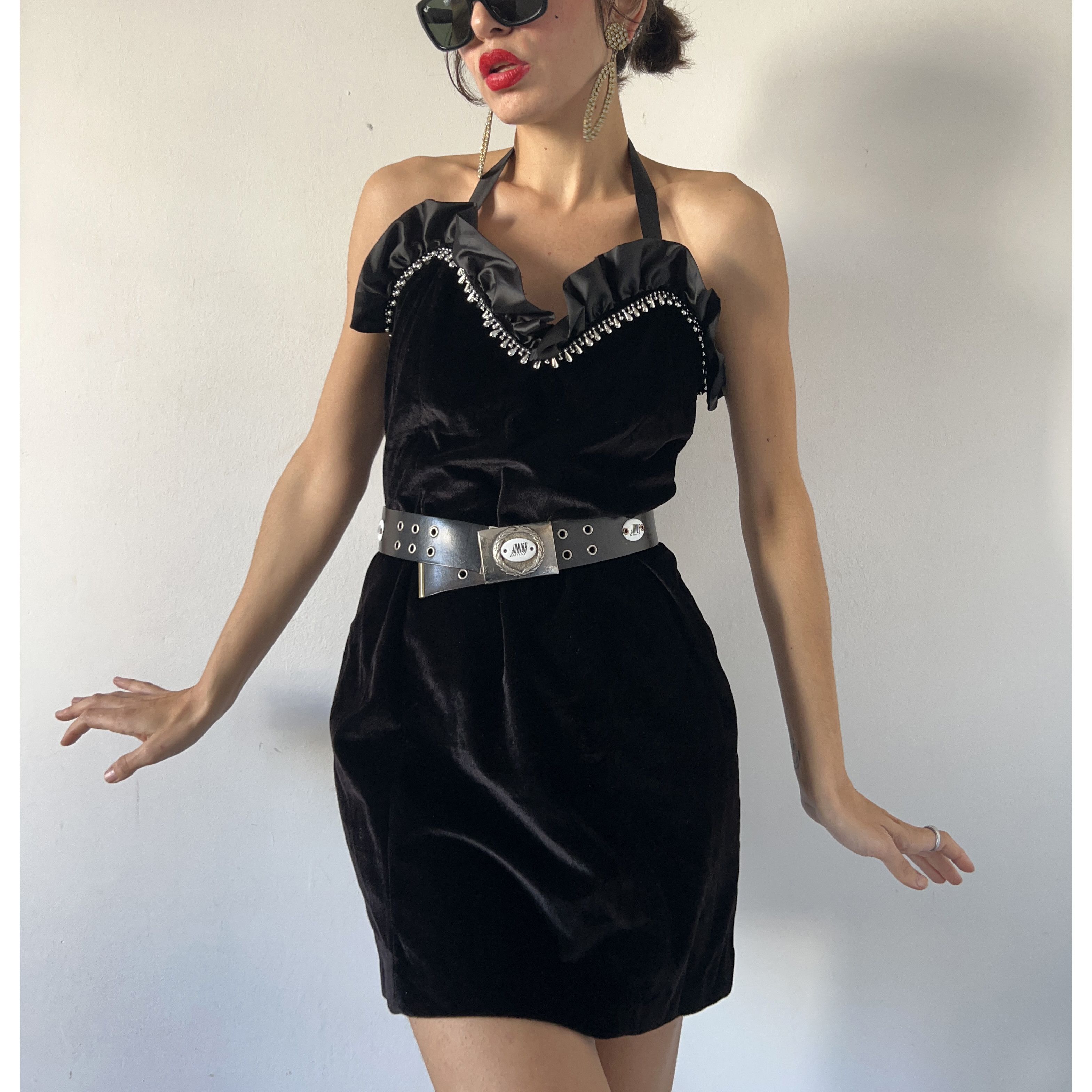 Vintage Vintage 80s halter sweetheart fringed black velvet dress Size XL / US 12-14 / IT 48-50 - 6 Thumbnail