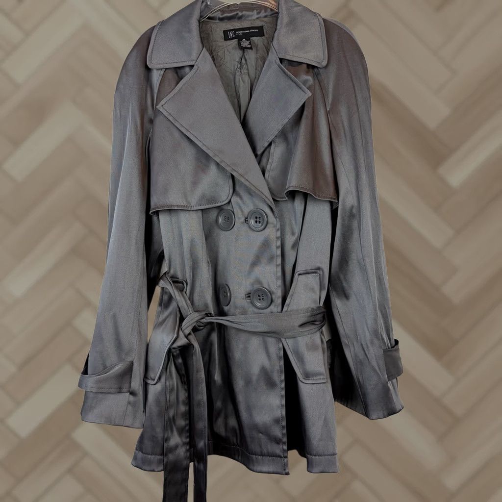 Vintage INC International Concepts Trench Coat Womens M Regular Gray Polyester Buckle Button Double Breasted Spring Fall Winter Coat Size M / US 6-8 / IT 42-44 - 1 Thumbnail
