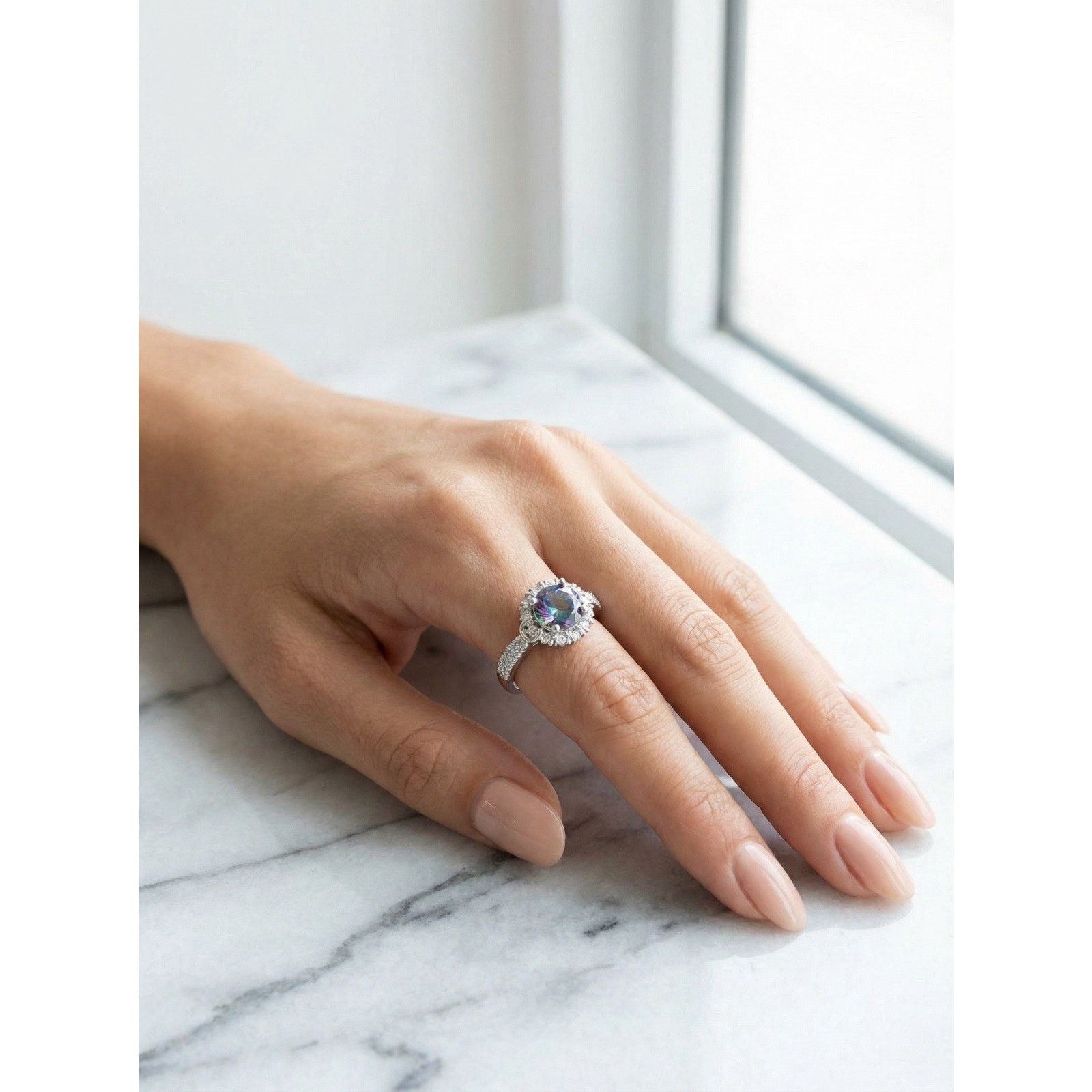 & Other Stories Exquisite 2ct Mystic Moissanite Halo VVS1 Adjustable Ring Size ONE SIZE - 4 Thumbnail