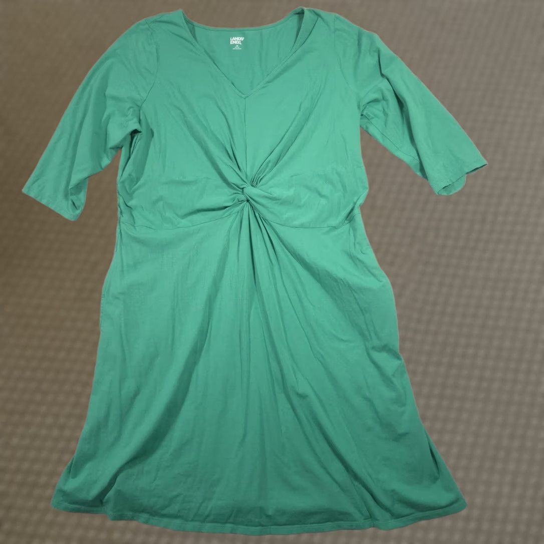 Lands' End Lands' End Dress Womens 2X Green V-Neck 3/4 Sleeve Jersey Pockets A-Line Size XXL / US 16-18 / IT 52-54 - 1 Thumbnail