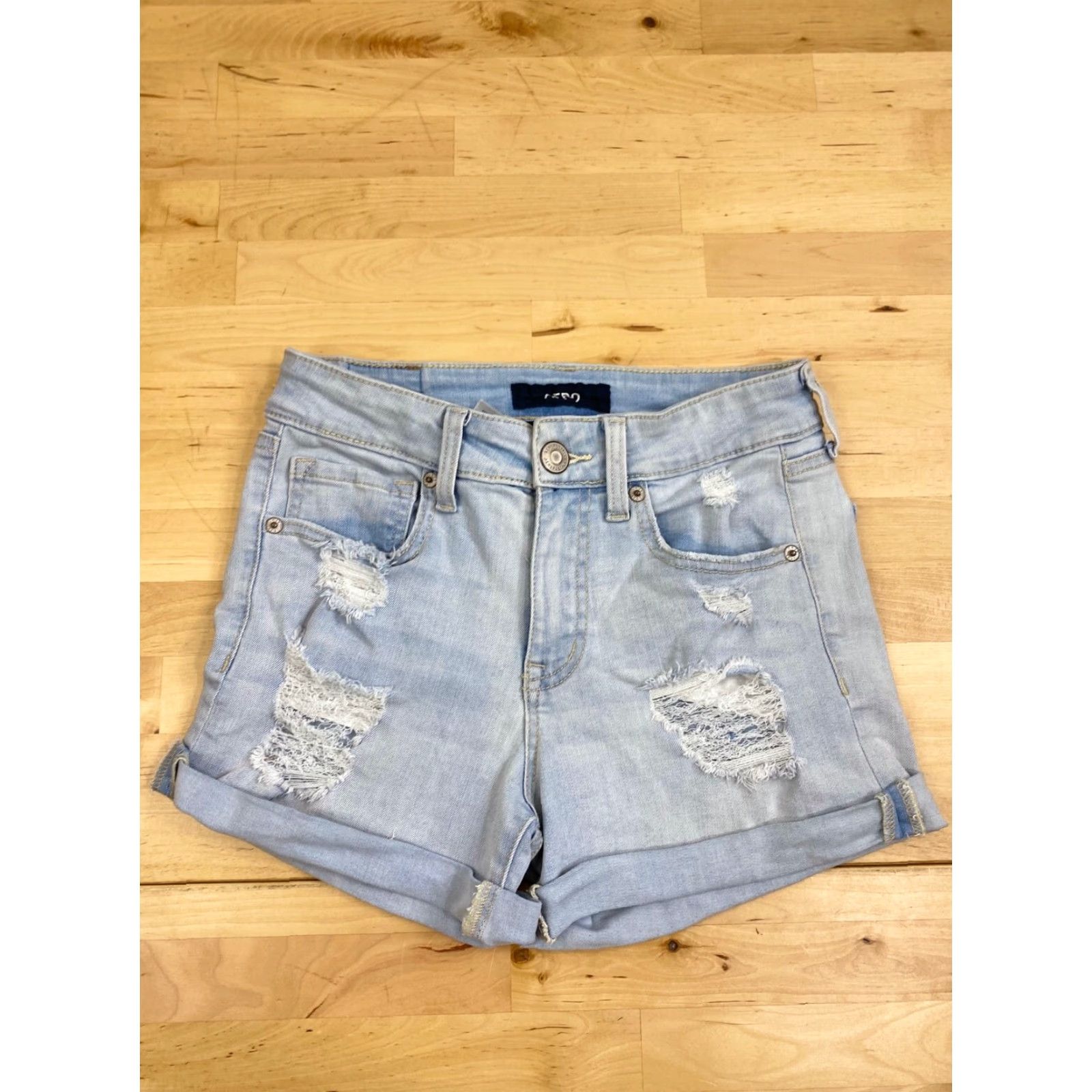 Aeropostale Aero High Rise Midi Light Wash Blue Denim Shorts Distress Women 0 Aeropostale Denim Shorts Regular Blue Distress 0 Womens Size 25" / US 0 / IT 36 - 2 Thumbnail