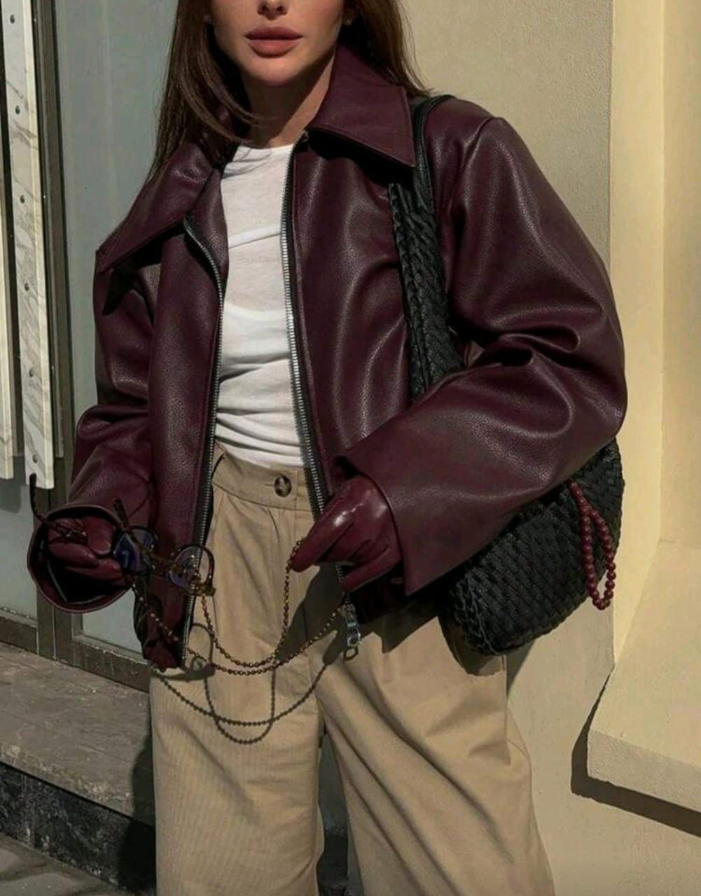 Other Women’s Burgundy Faux Leather Zip Jacket 🍷🔥 Size L / US 10 / IT 46 - 3 Thumbnail