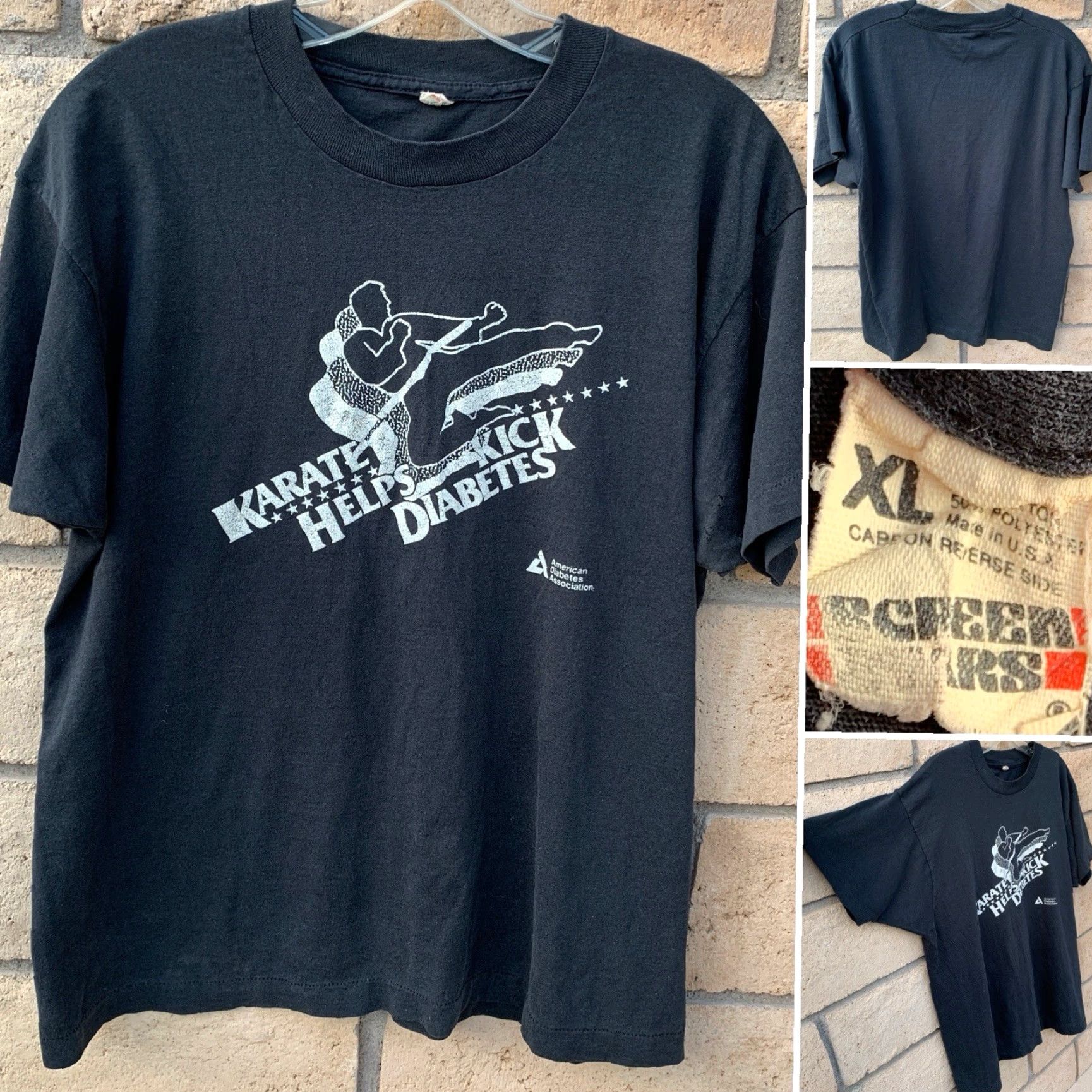 Vintage VINTAGE Screen Stars T-Shirt Karate Helps Kick Diabetes Graphic Black XL Unisex Adults 1980s 80s Size US XL / EU 56 / 4 - 2 Thumbnail
