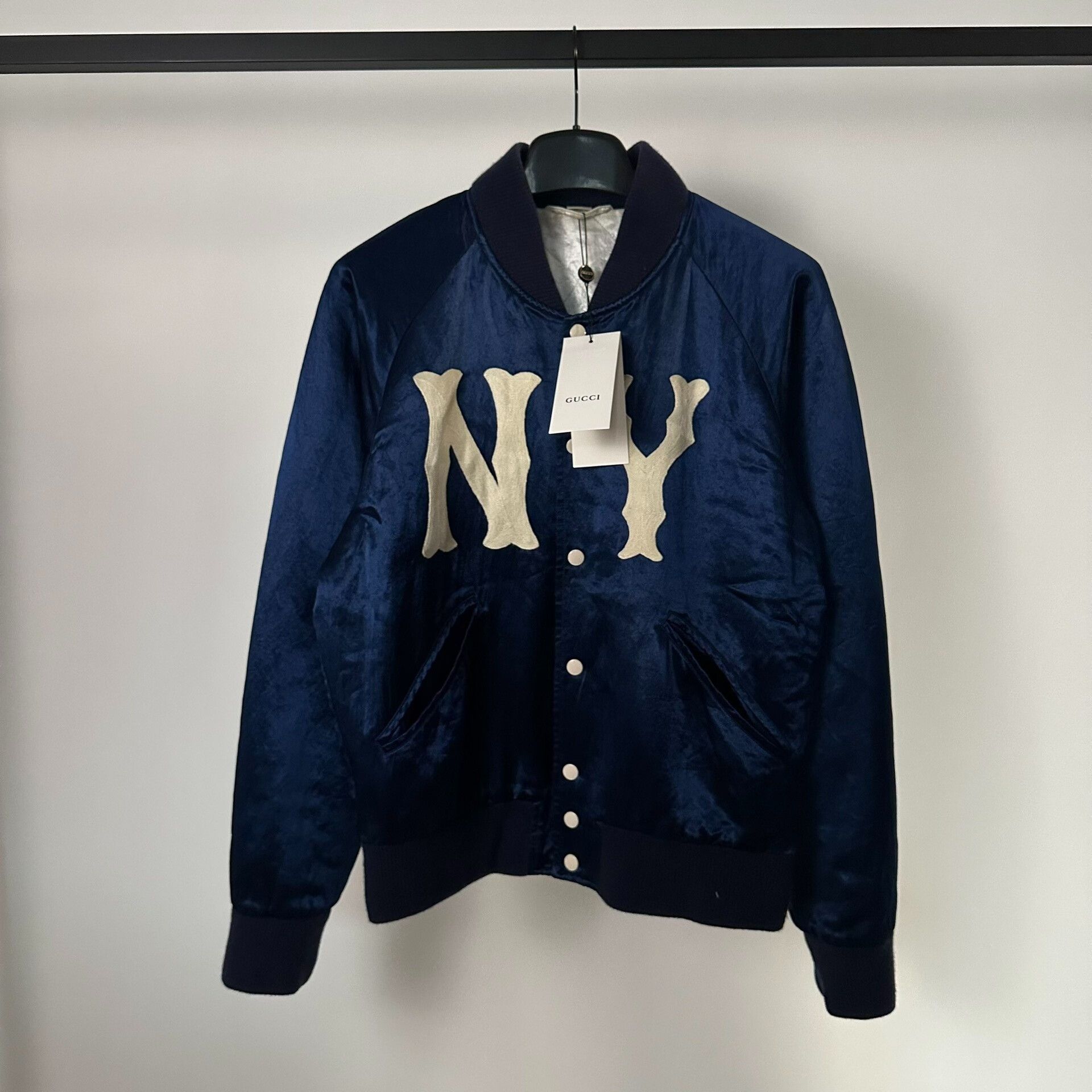 gucci blue silk baseball jacket with logo