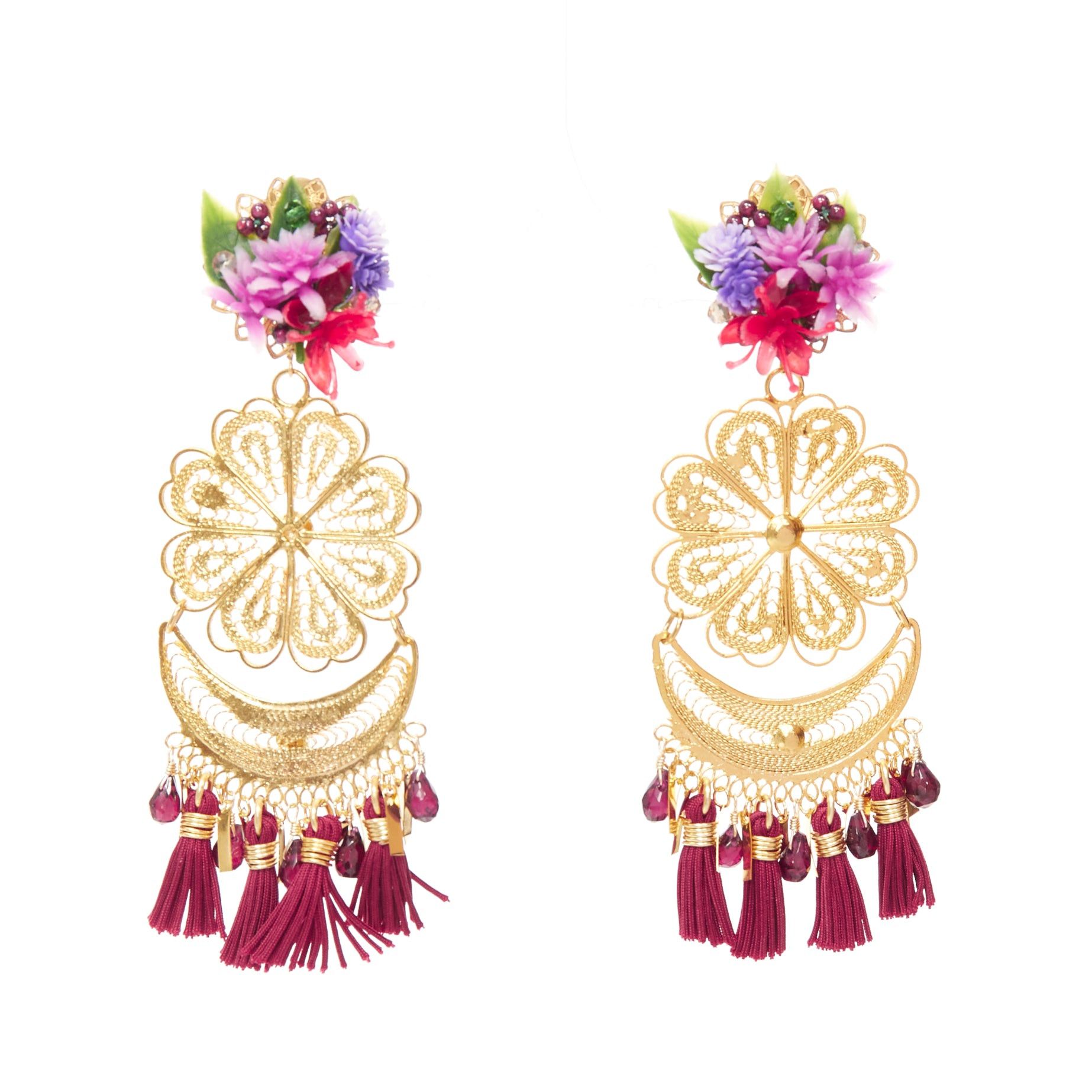Other MERCEDES SALAZAR gold flower metal red tassel plastic clip earrings Pair Size ONE SIZE - 1 Thumbnail