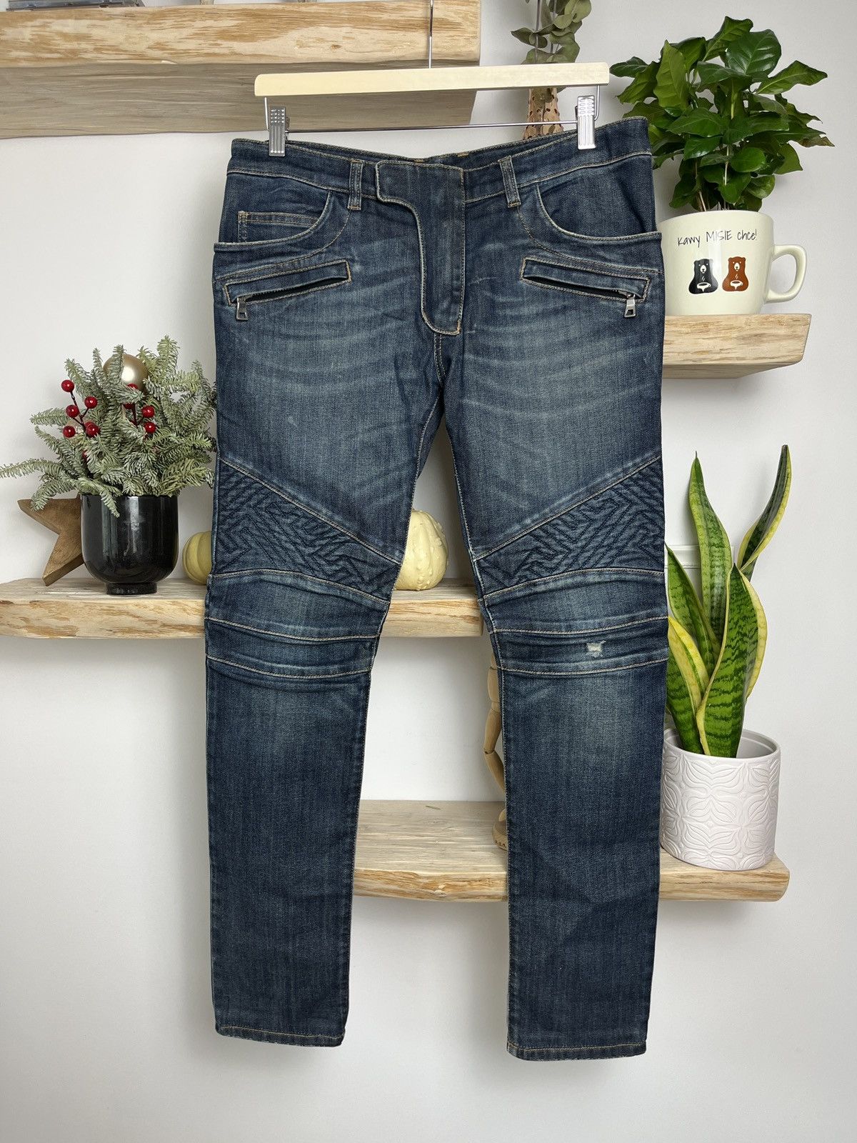 Balmain Iconic Balmain Moto Biker jeans decarnin indigo washed Size US 31 - 1 Thumbnail