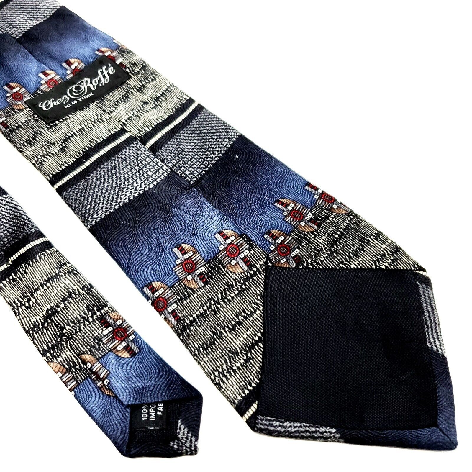 Designer Chez Roffe Silk Tie Print Gray Blue Wide Size ONE SIZE - 5 Thumbnail