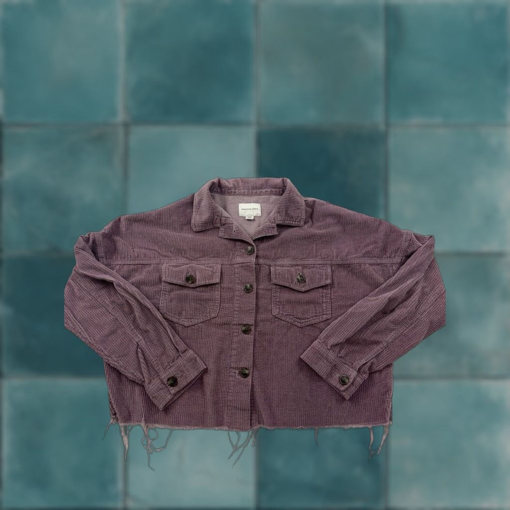 American Eagle Outfitters American Eagle Outfitters Shirt Women Small Pink Corduroy Button-Up Cropped Fringed Size S / US 4 / IT 40 - 1 Thumbnail
