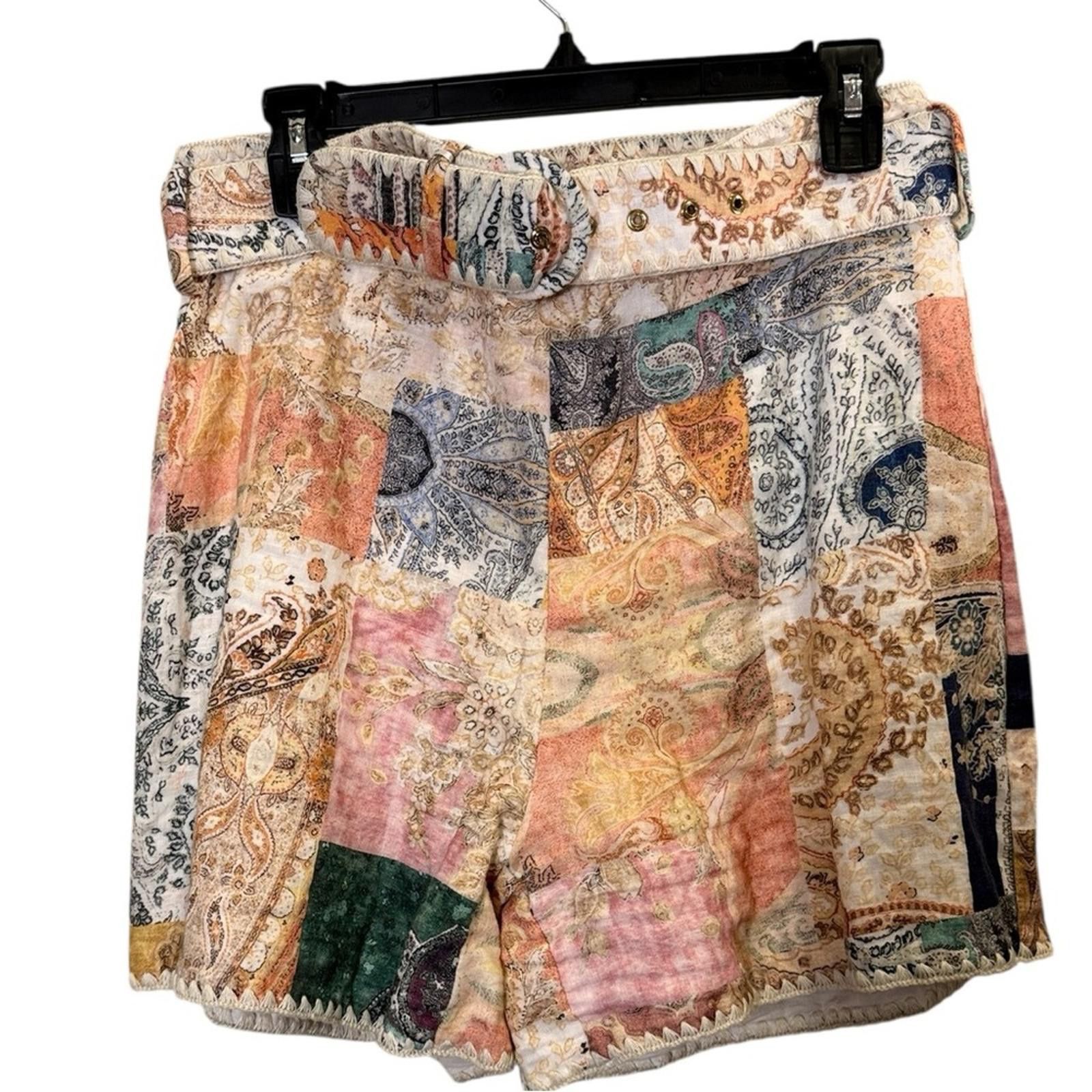 Magaschoni Magaschoni Multicolor Linen Patchwork Belted Shorts Sz 6 Size 28" / US 6 / IT 42 - 1 Thumbnail